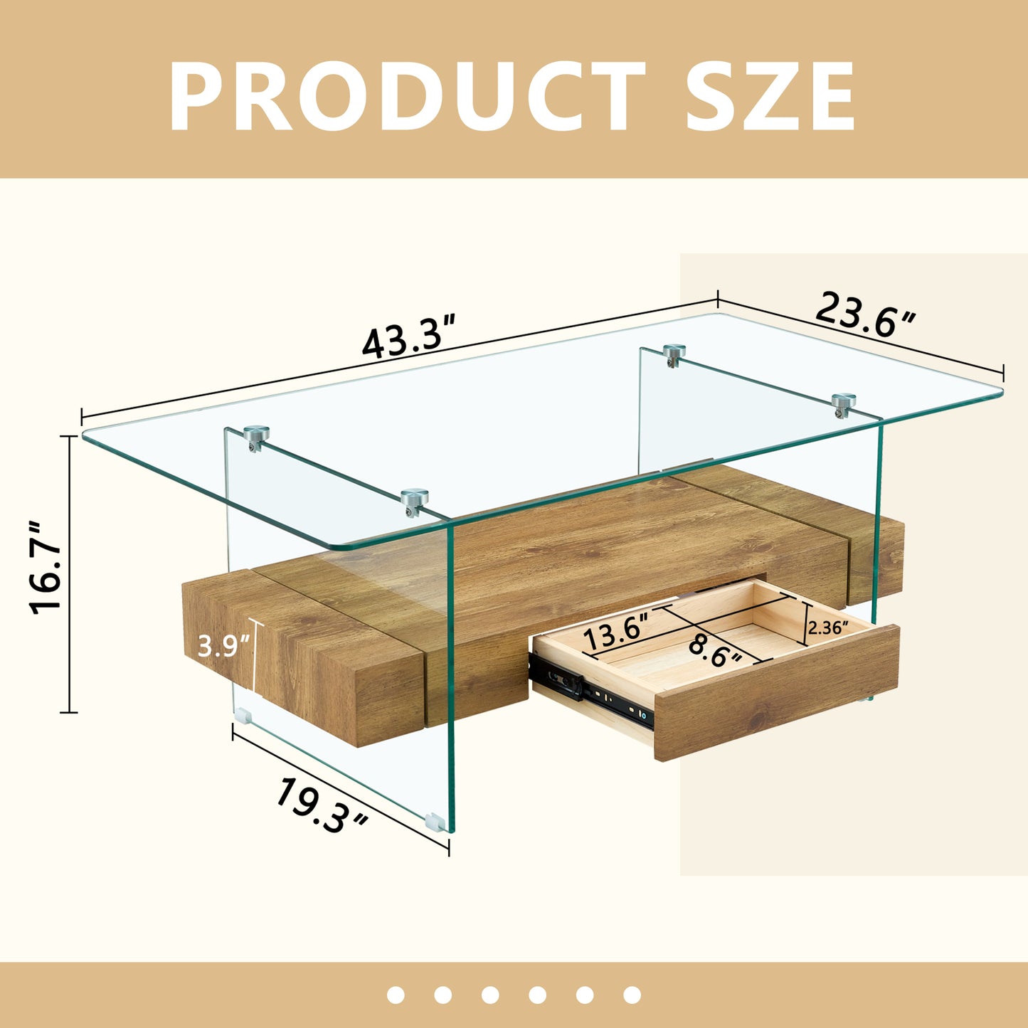 Glass top coffee table with wood drawers and metal hardware