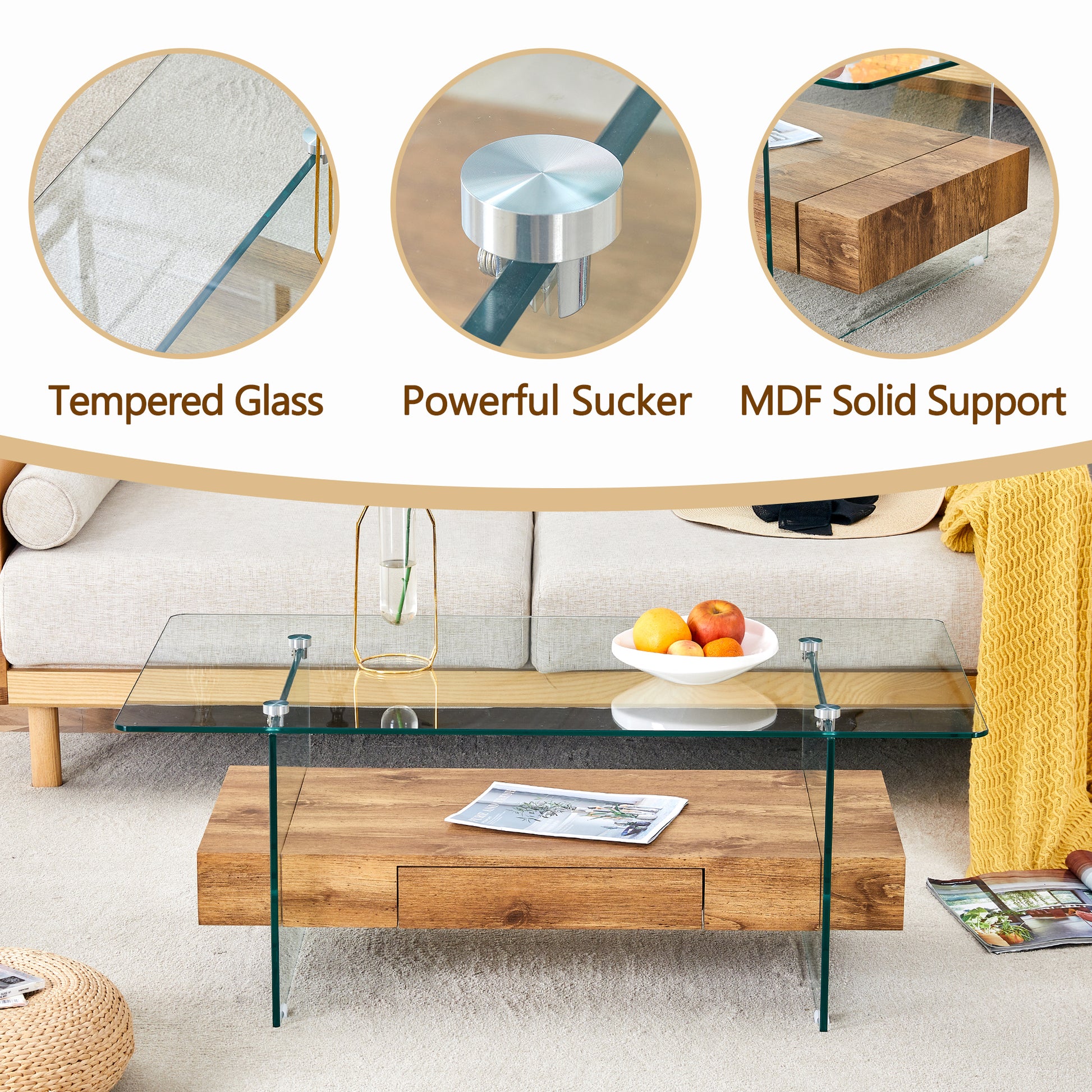 Modern glass coffee table with a wooden drawer for living room storage