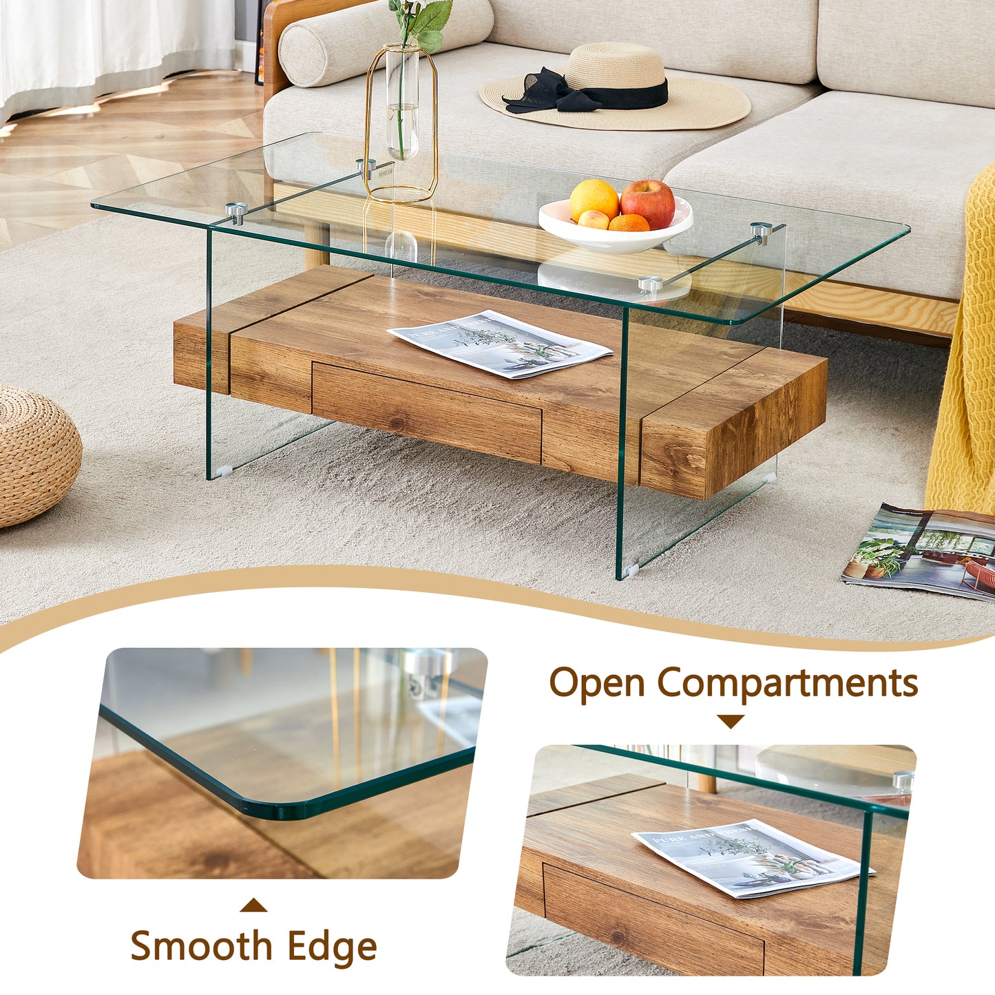 Modern glass and wood coffee table with open compartments and drawer