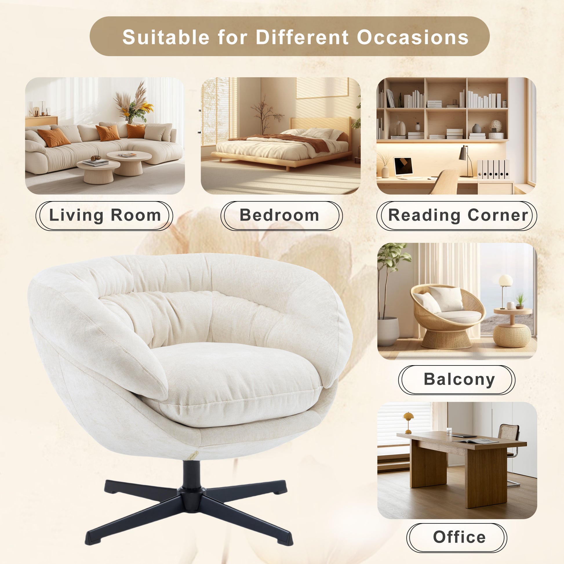 Plush cream swivel accent chair with black base for living rooms
