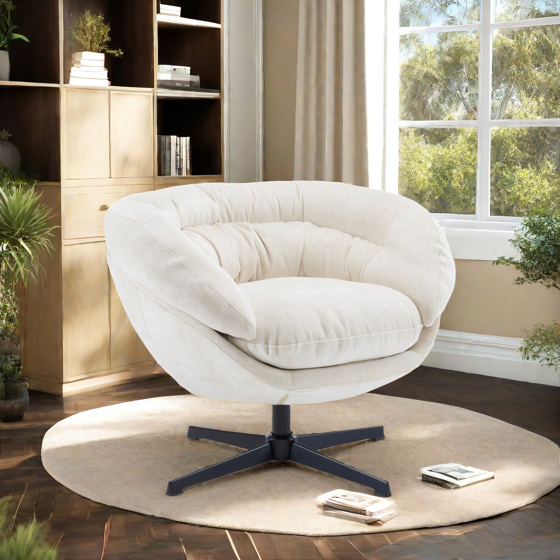 Cream upholstered swivel accent chair with tufted seat