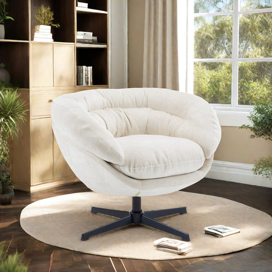 Cream upholstered swivel accent chair with tufted seat