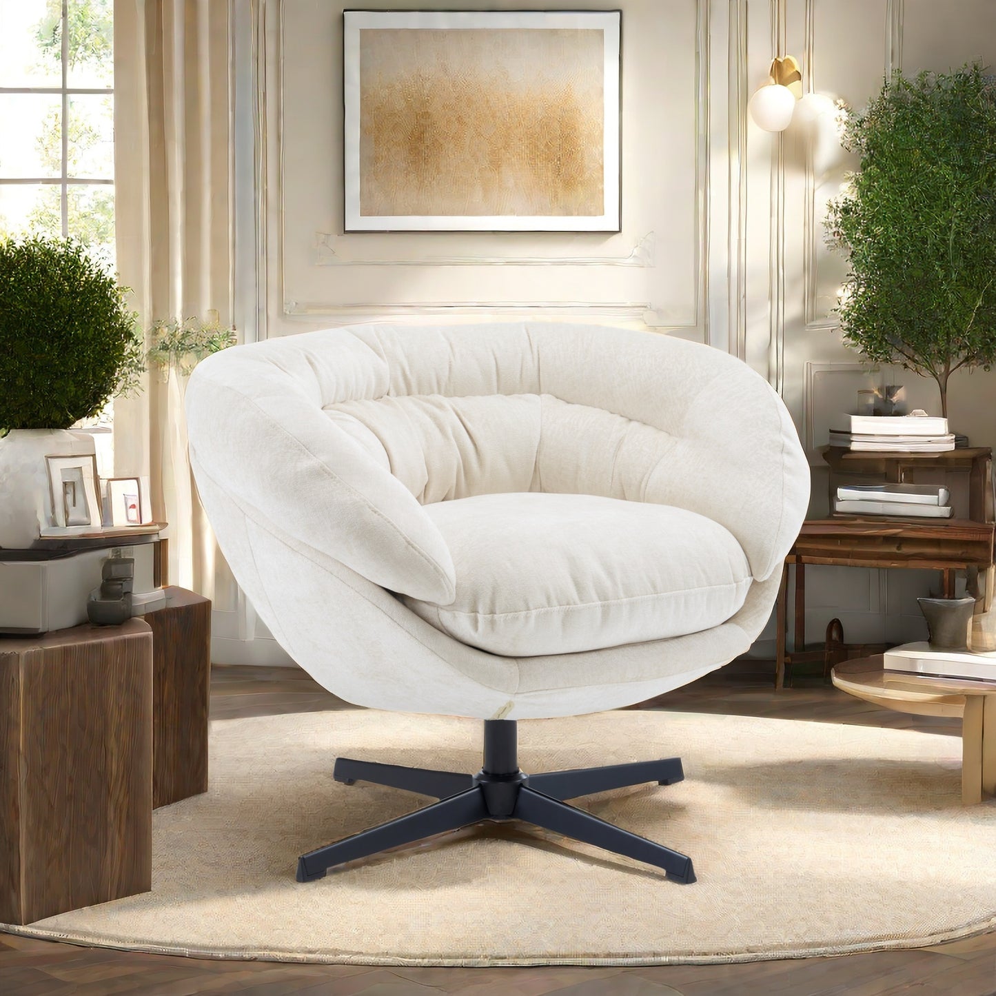 Cream swivel accent chair with plush upholstery and a modern star base
