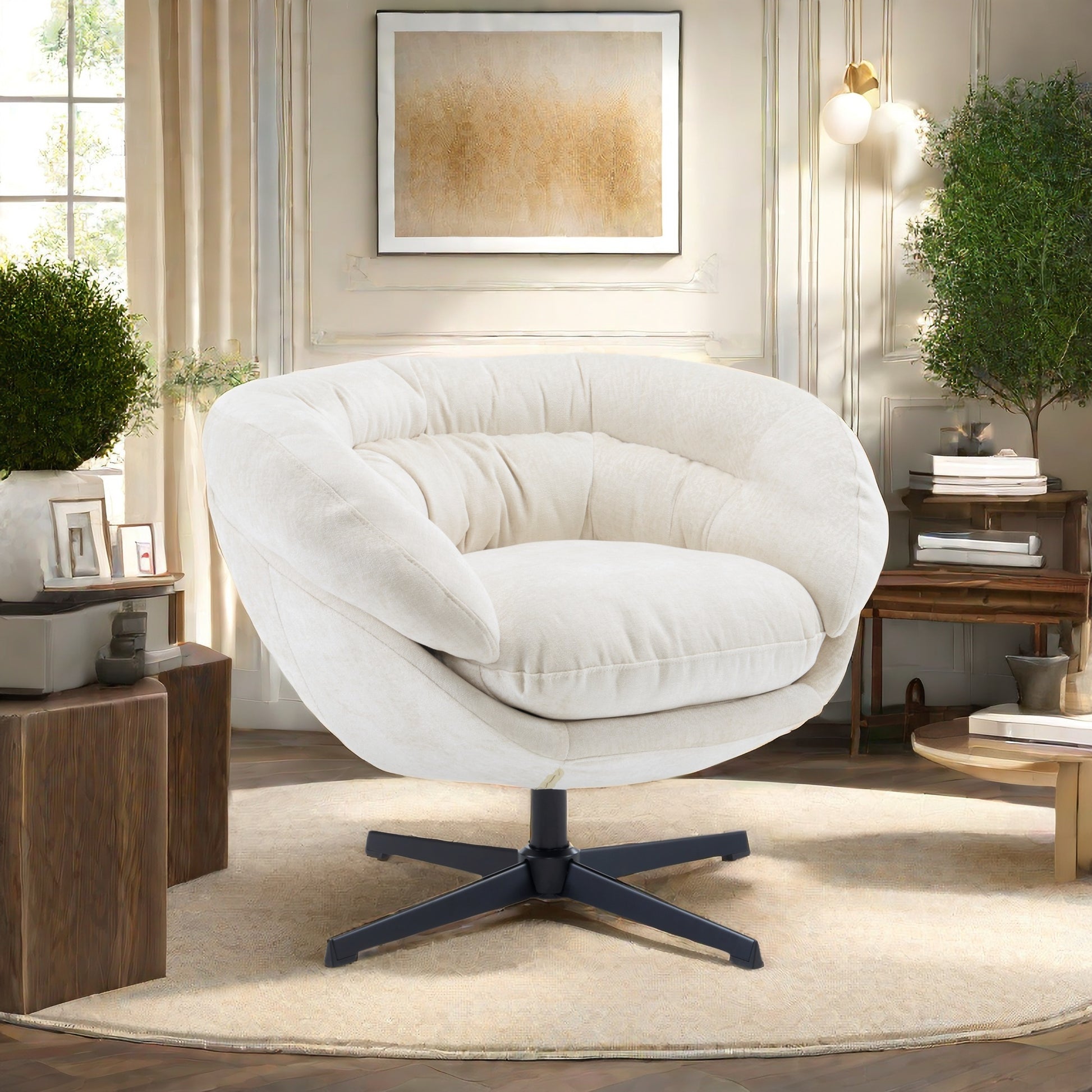 Cream swivel accent chair with plush upholstery and a modern star base