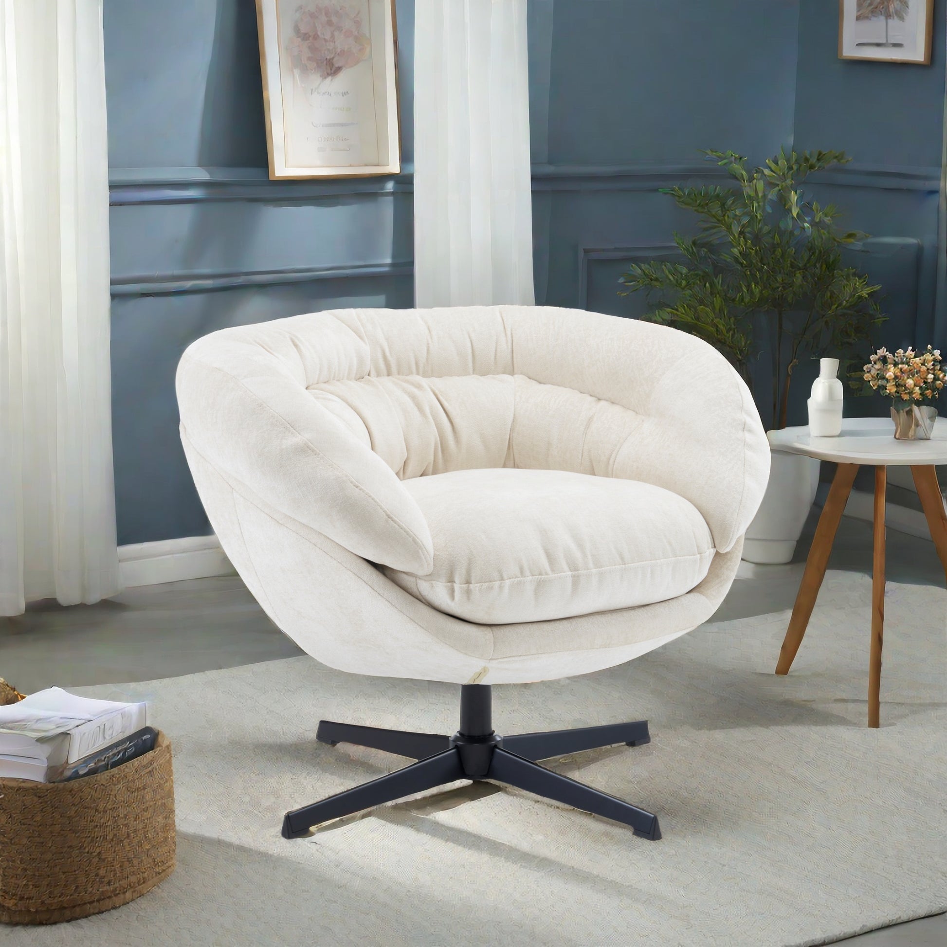 Cream swivel accent chair with plush cushioning and textured fabric