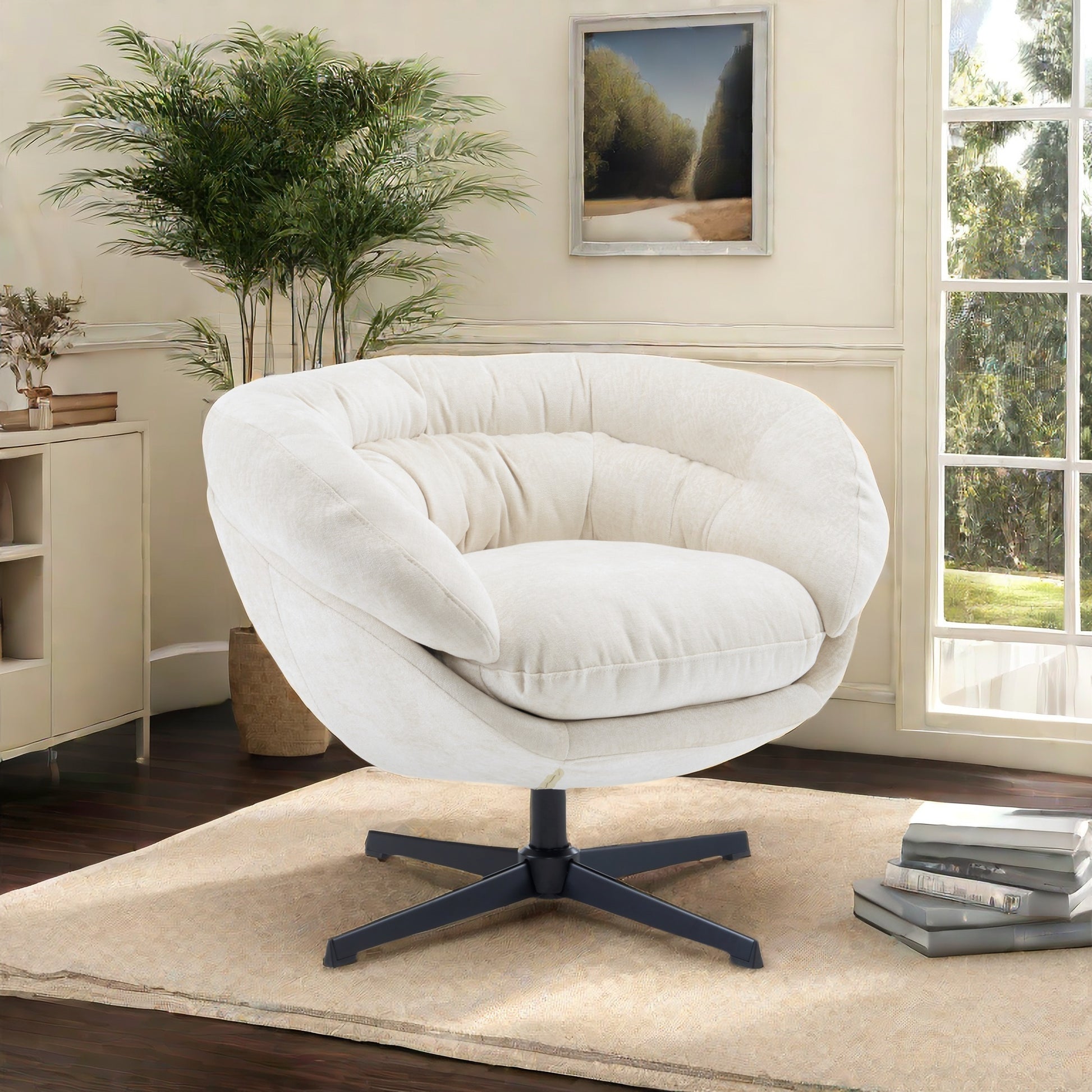 Cream fabric accent chair with swivel base