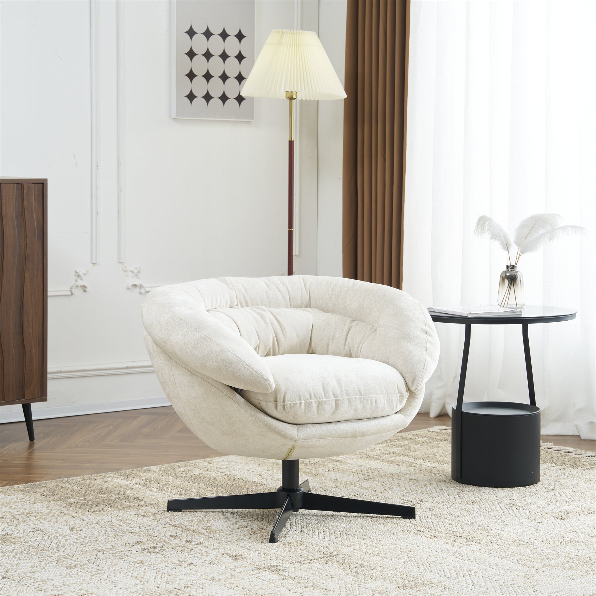 Plush cream swivel accent chair with tufted seat and back