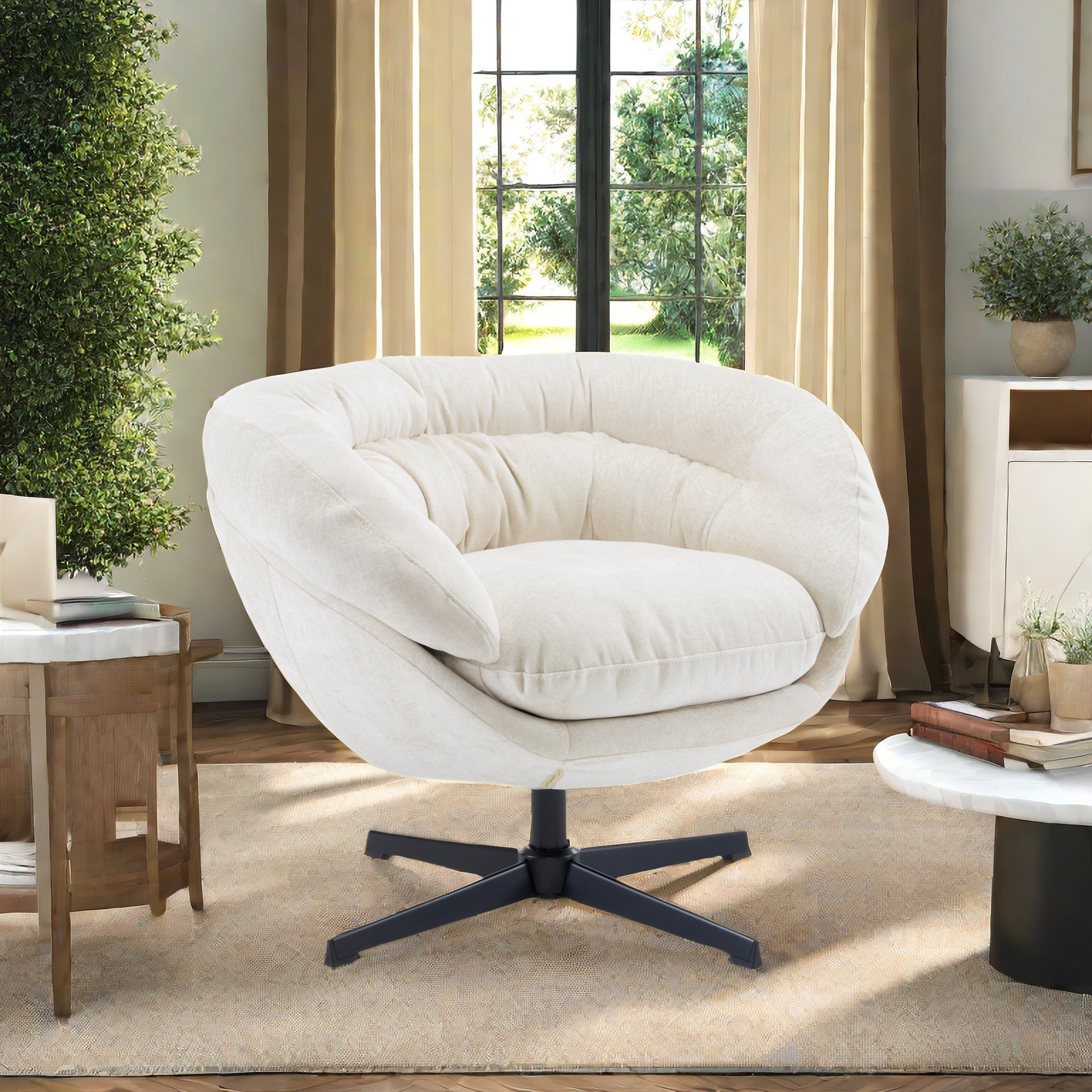 Plush cream swivel chair with textured fabric and deep cushioning ideal for cozy living rooms