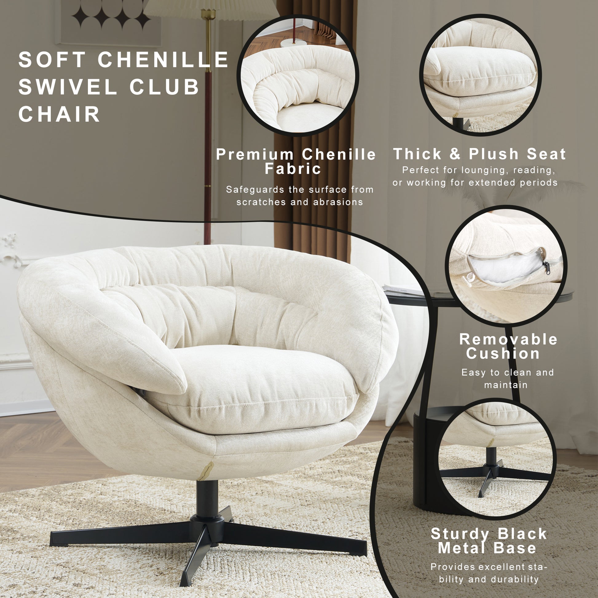 Cream chenille swivel club chair with thick plush seat and removable cushion