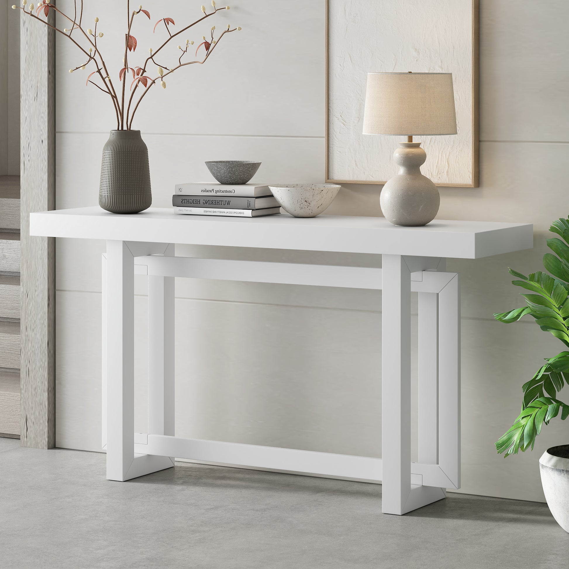 Modern white console table with geometric metal legs