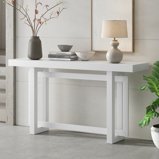 Modern white console table with geometric metal legs