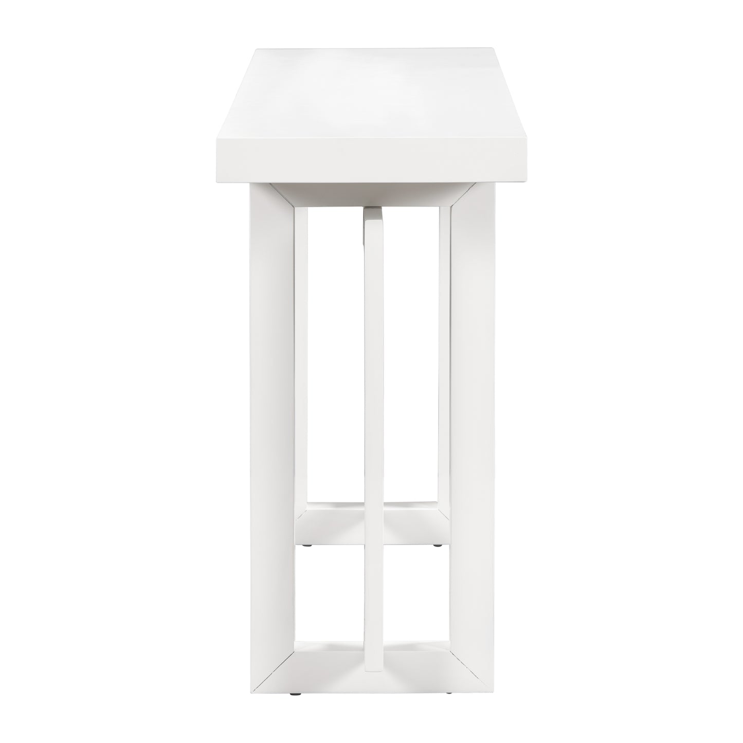 Modern white console table with clean lines and open shelving perfect for entryways