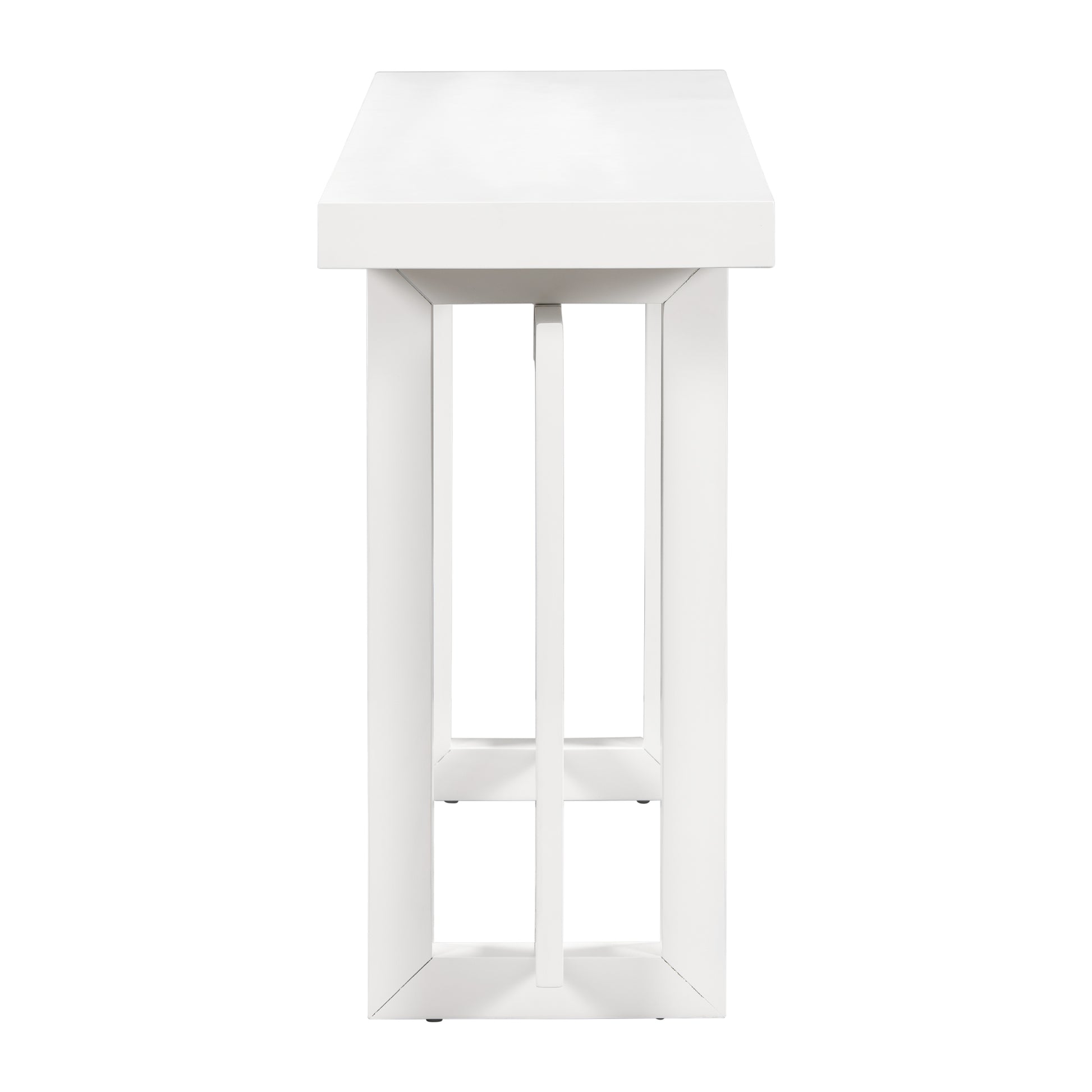 Modern white console table with clean lines and open shelving perfect for entryways