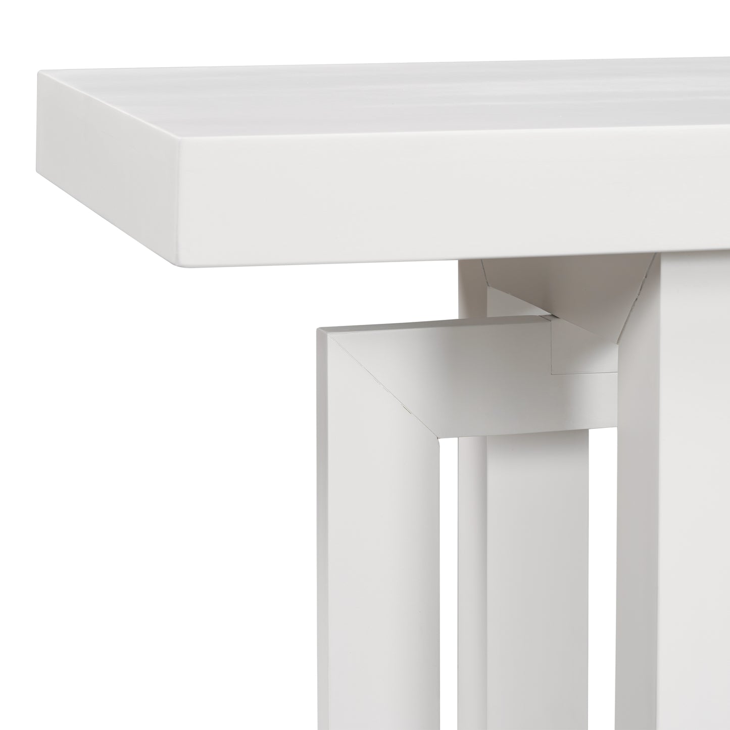 Closeup of a modern white console table edge detail