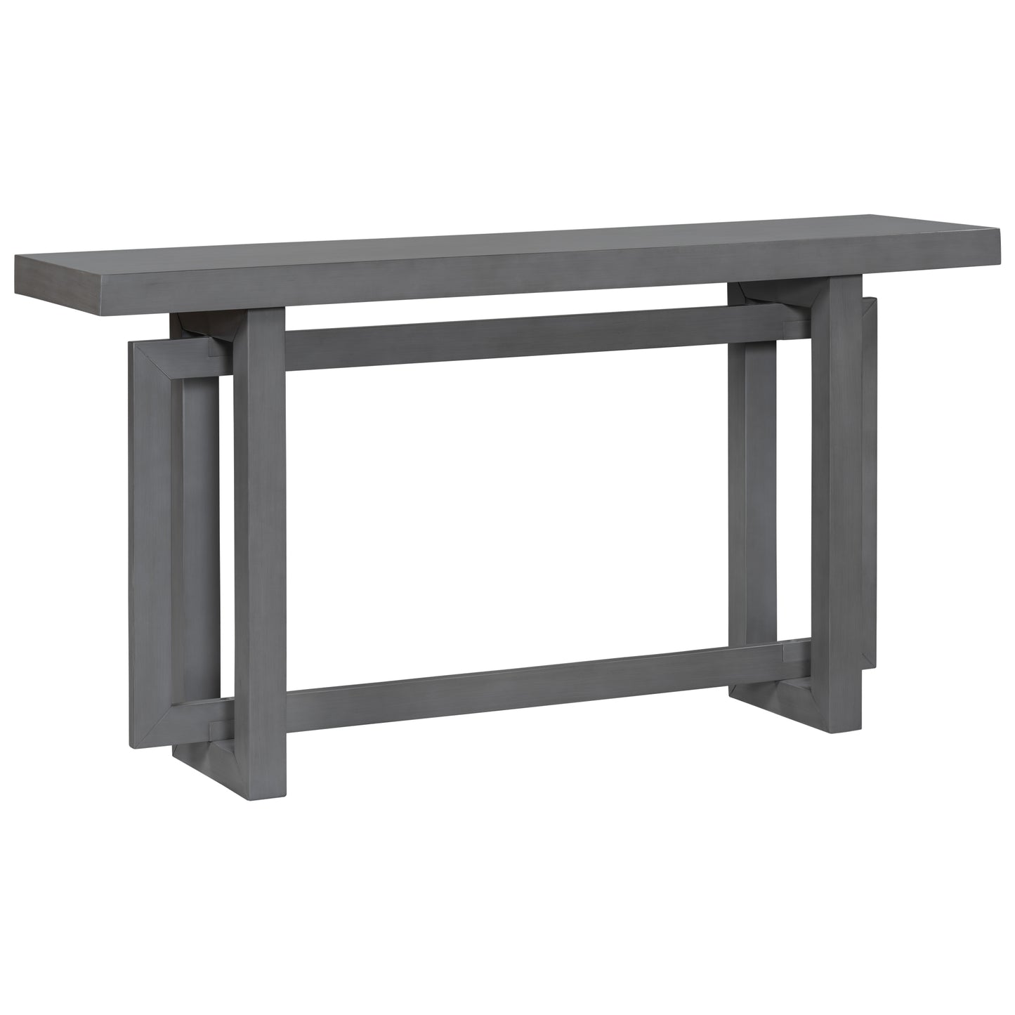 Gray modern console table with geometric wood legs