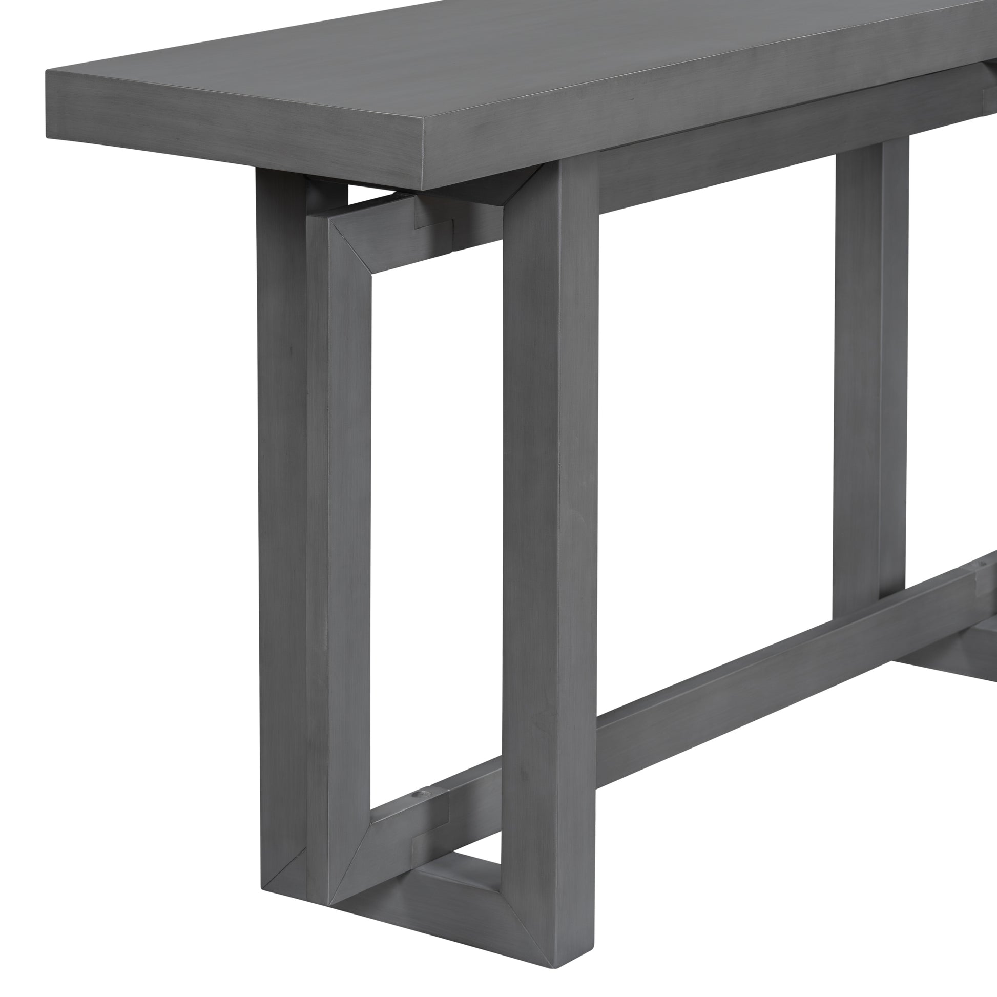 Gray wood console table with geometric leg design