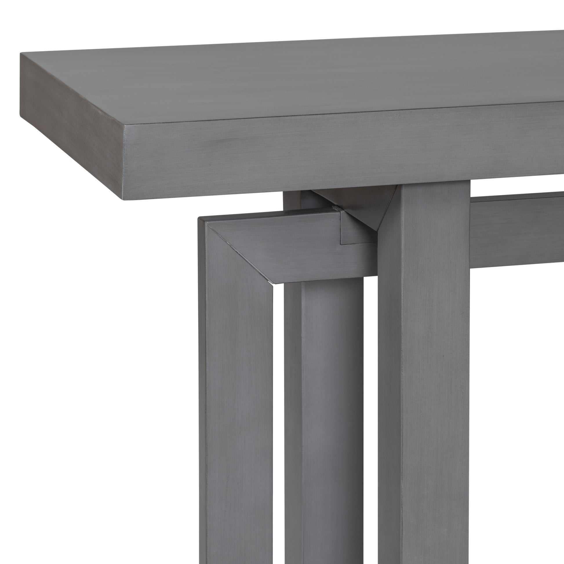 Closeup of a gray wooden console table with clean lines