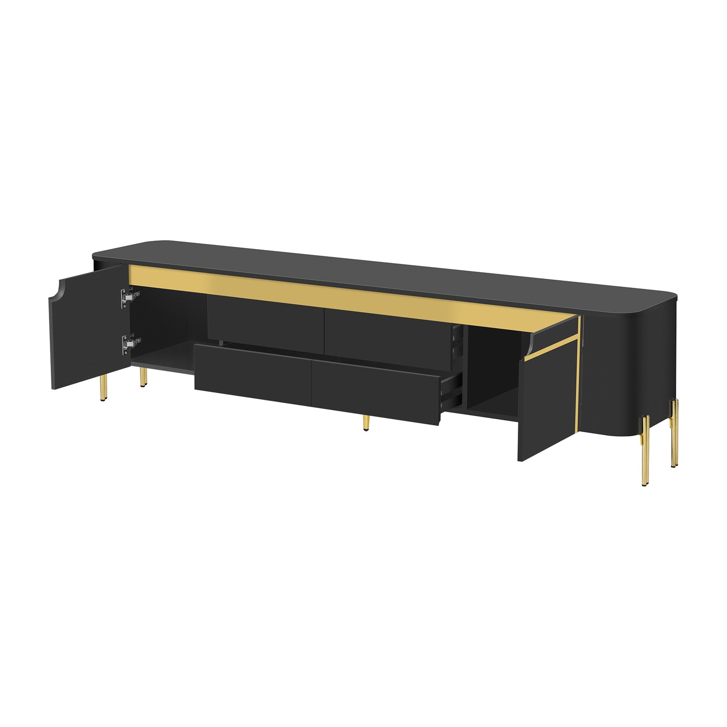 Black modern media console with gold accents and open compartments
