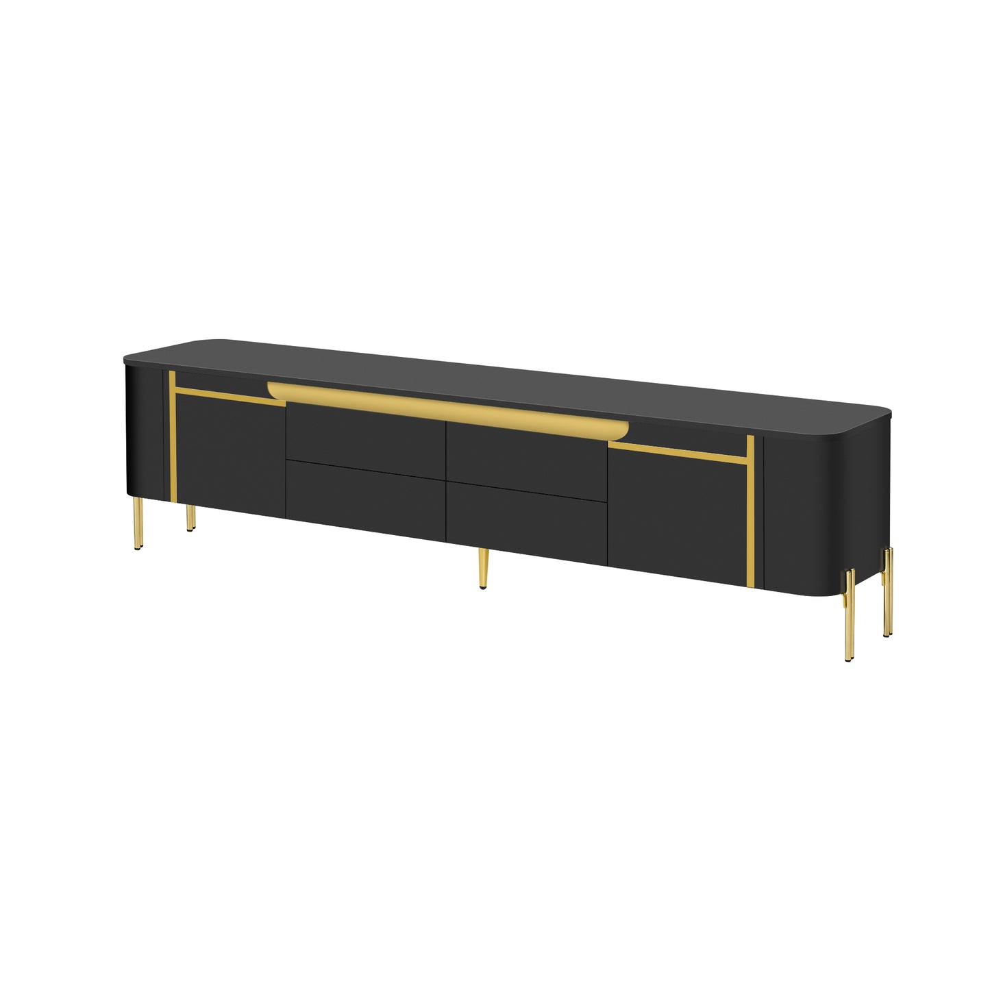 Black TV stand with gold accents and tapered legs