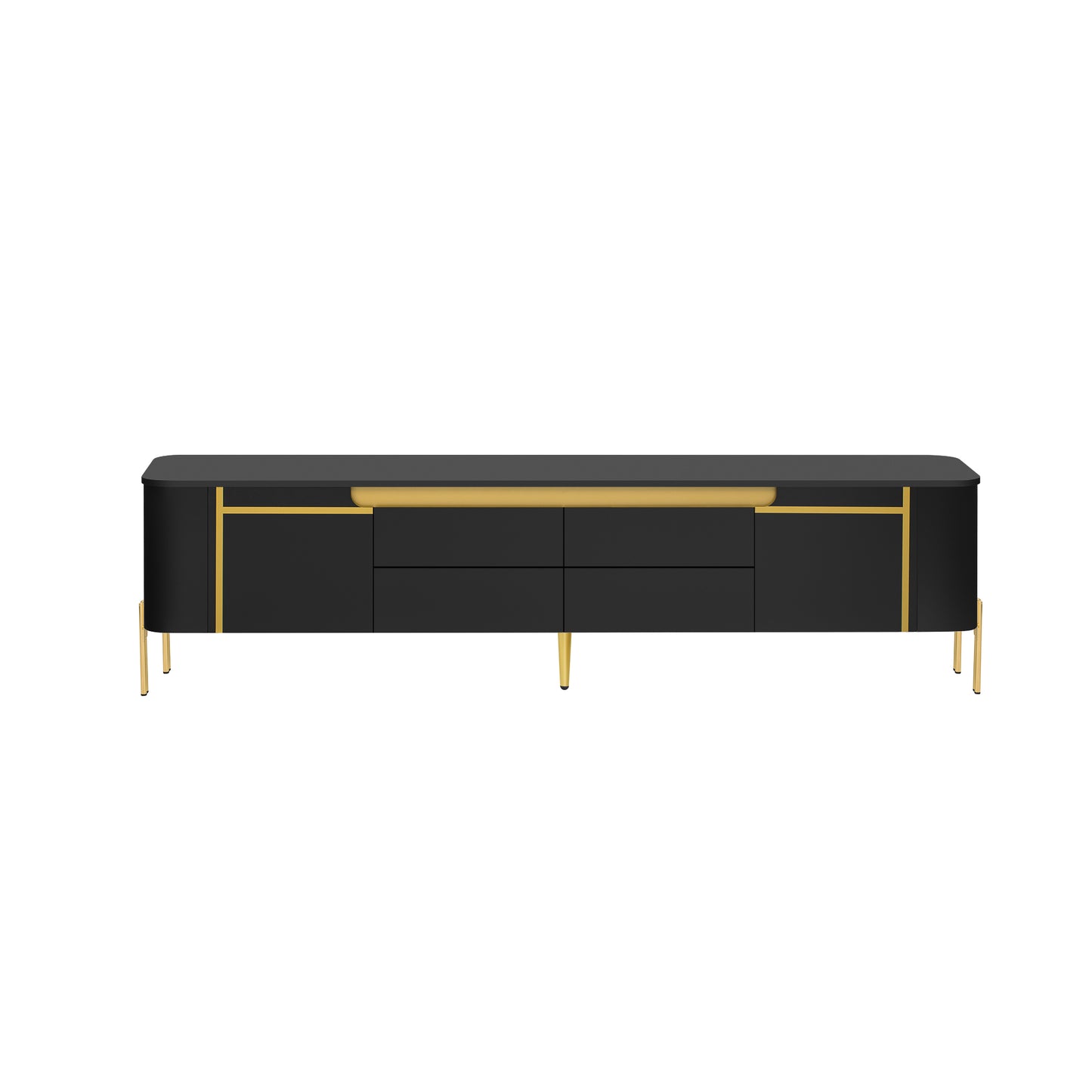 Sleek black TV stand with gold accents and tapered legs