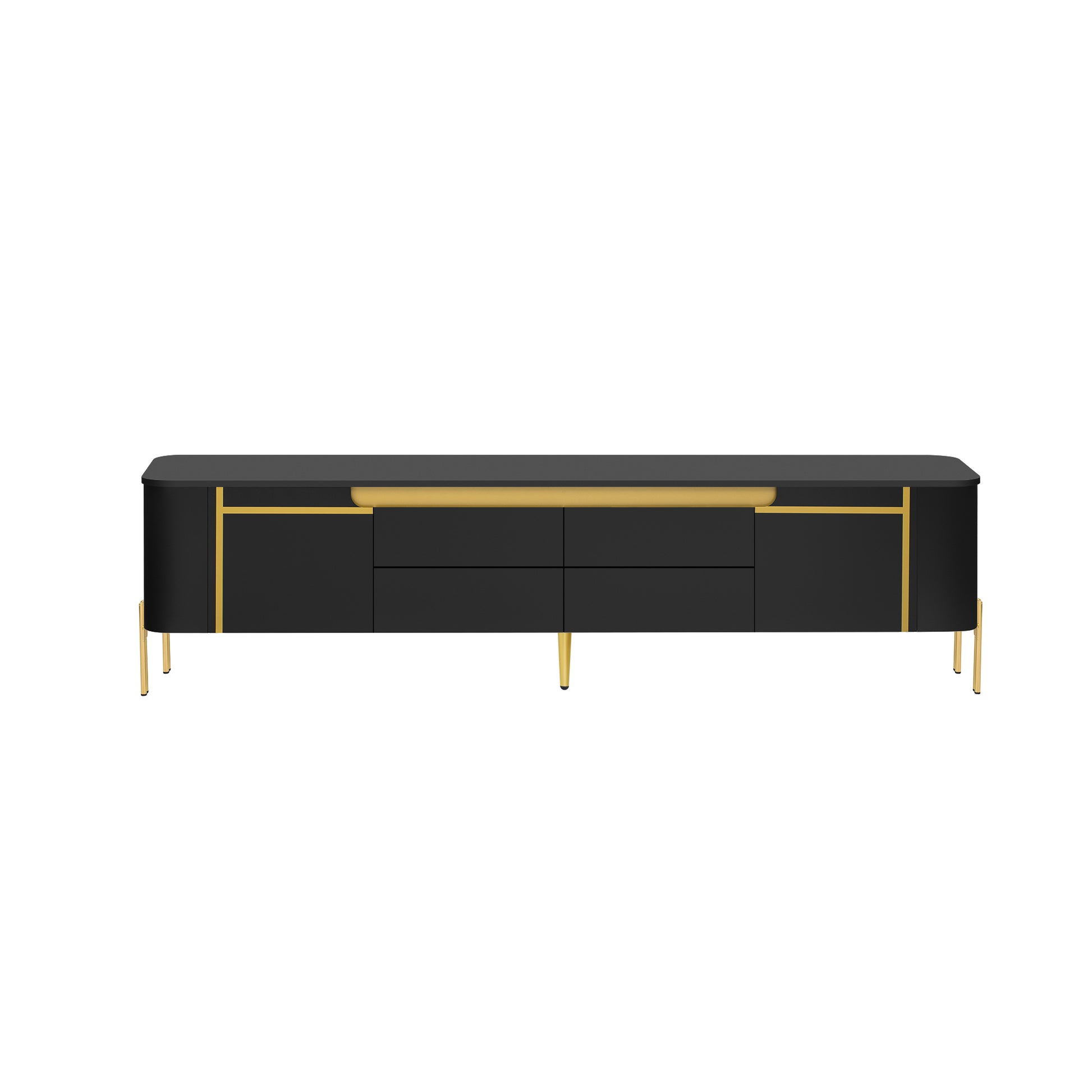 Sleek black TV stand with gold accents and tapered legs