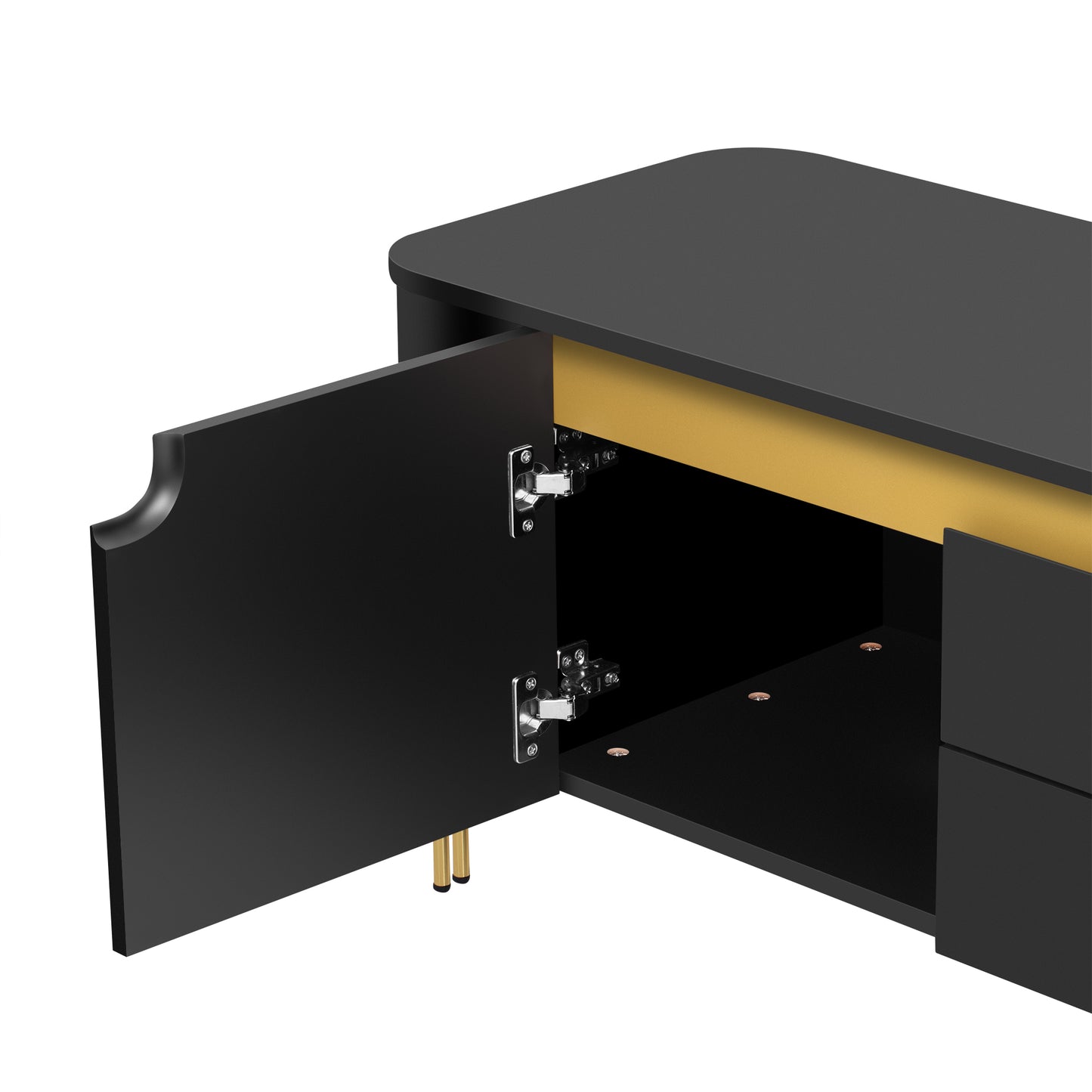 Black modern cabinet with open door showing gold interior and brass legs
