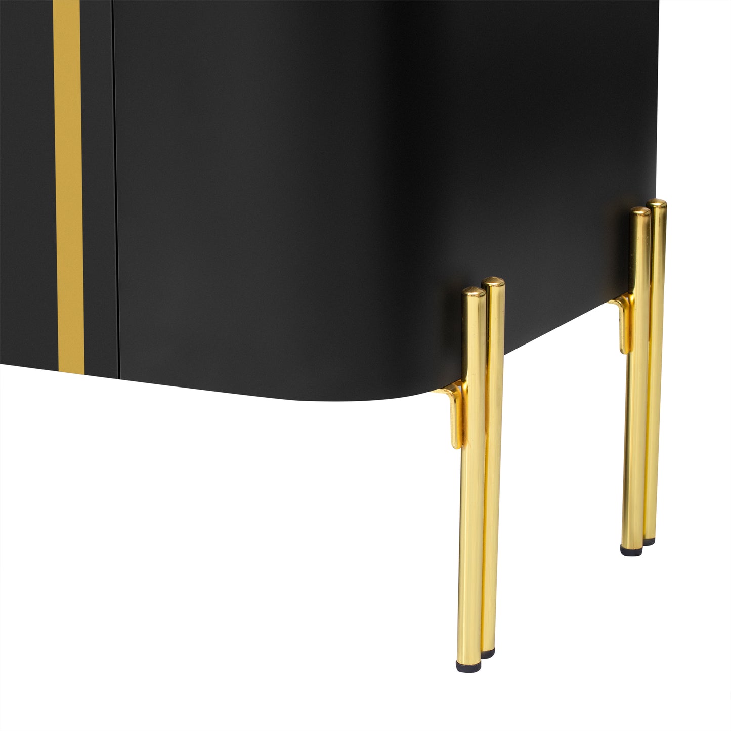 Black cabinet with gold stripe detail and sleek gold legs