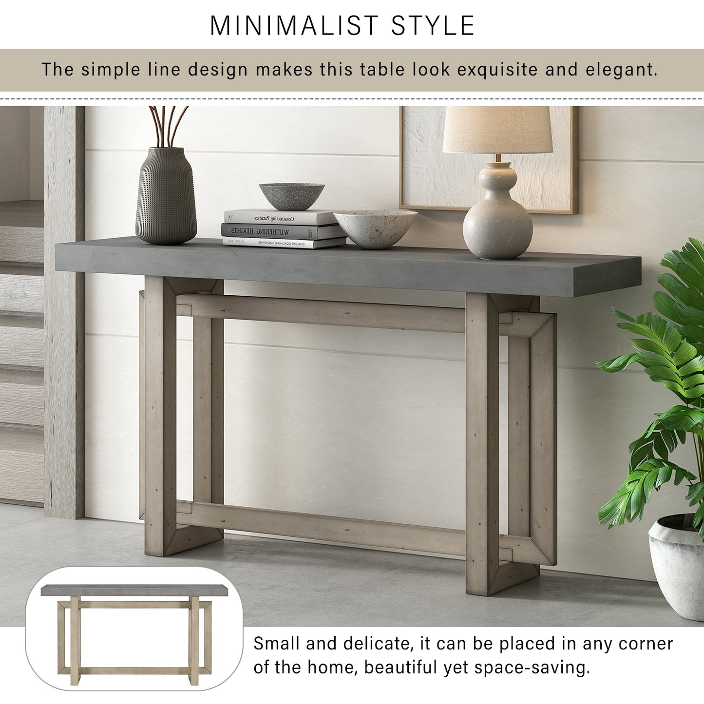Gray concrete console table with light wood legs