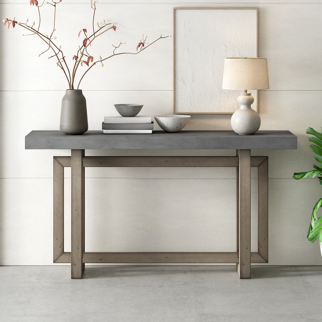 Modern gray concrete console table with a distressed wood frame