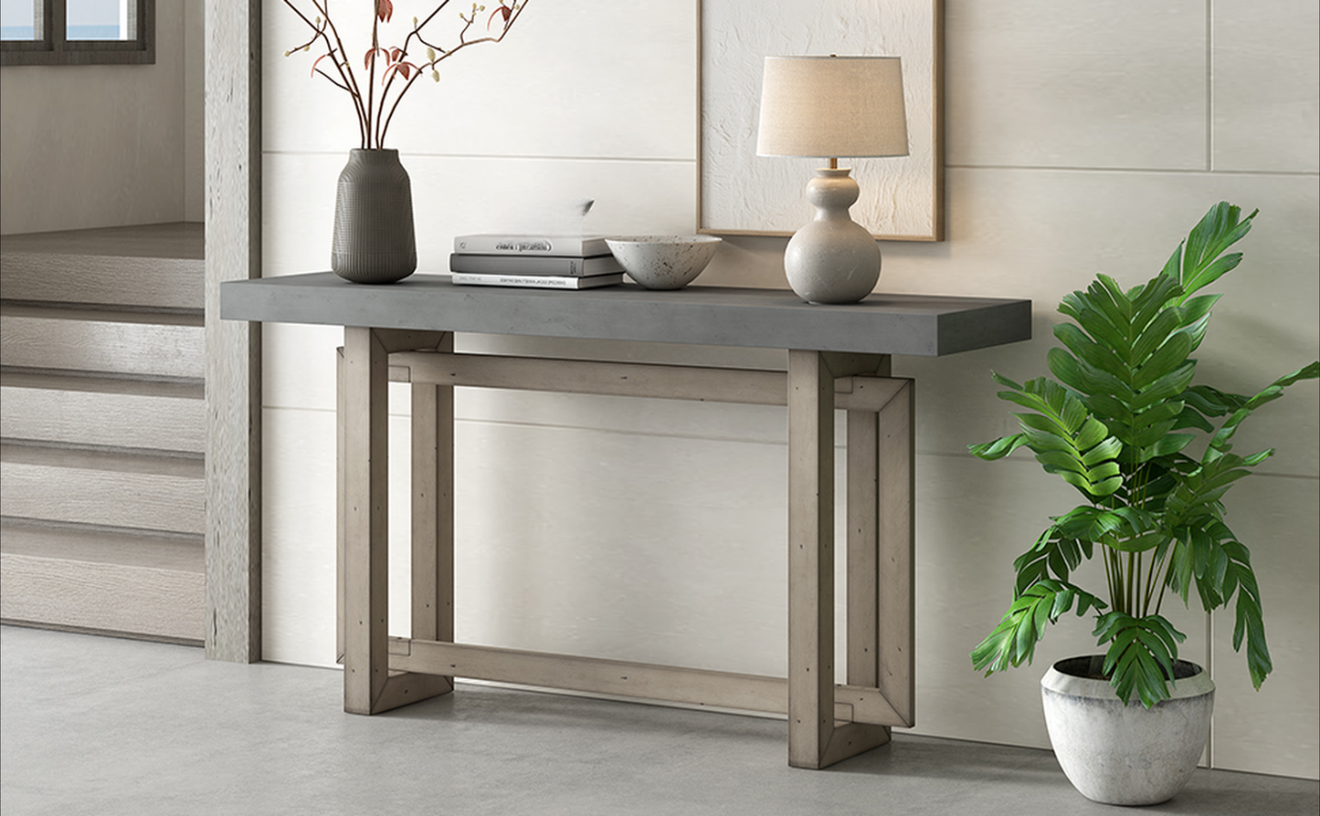 Gray concrete top console table with weathered wood base