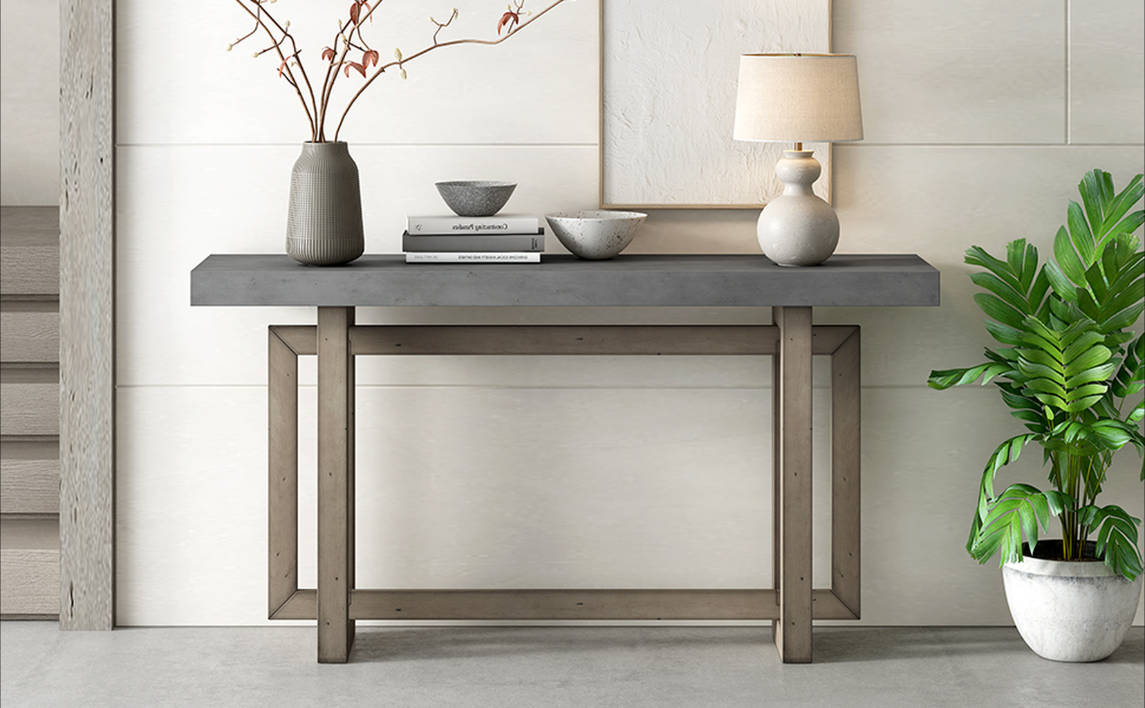 Modern grey concrete console table with distressed wood frame and metal accents