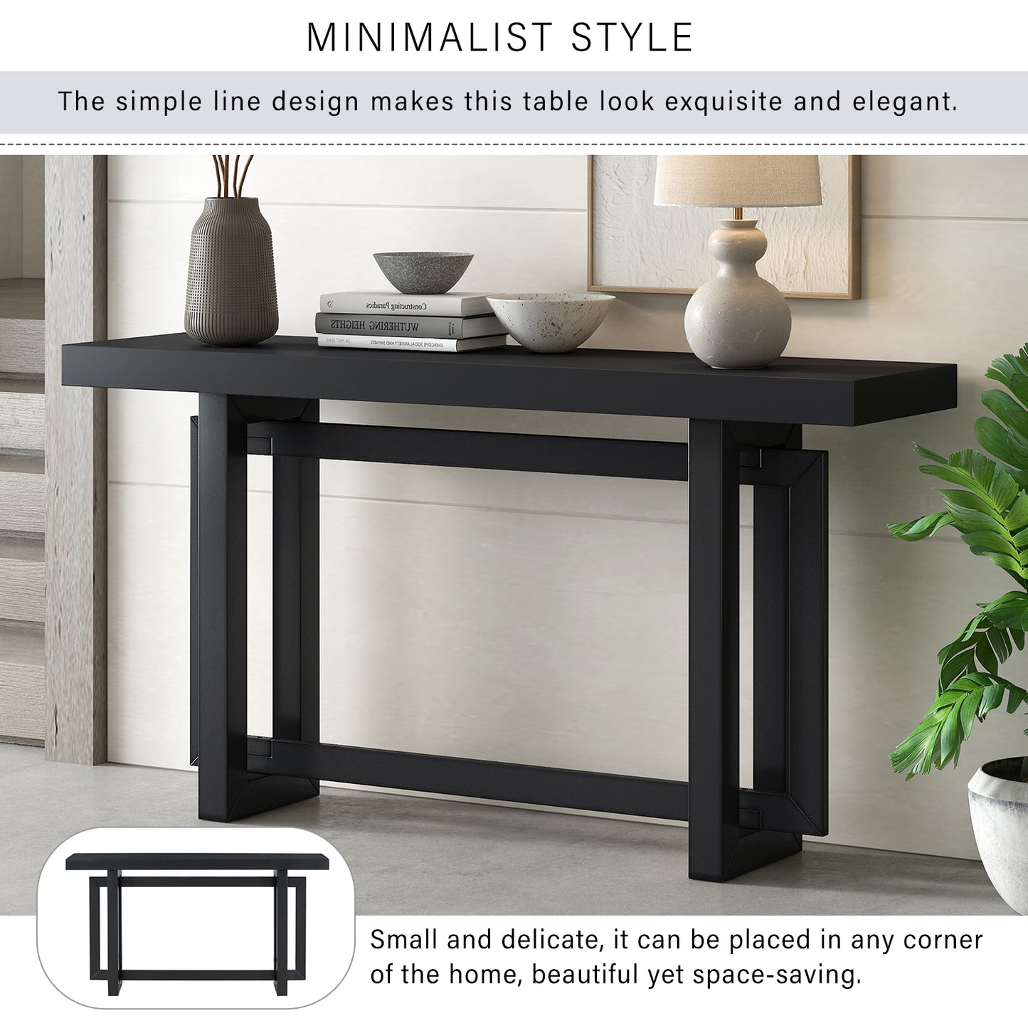 Black minimalist console table with clean lines and geometric base