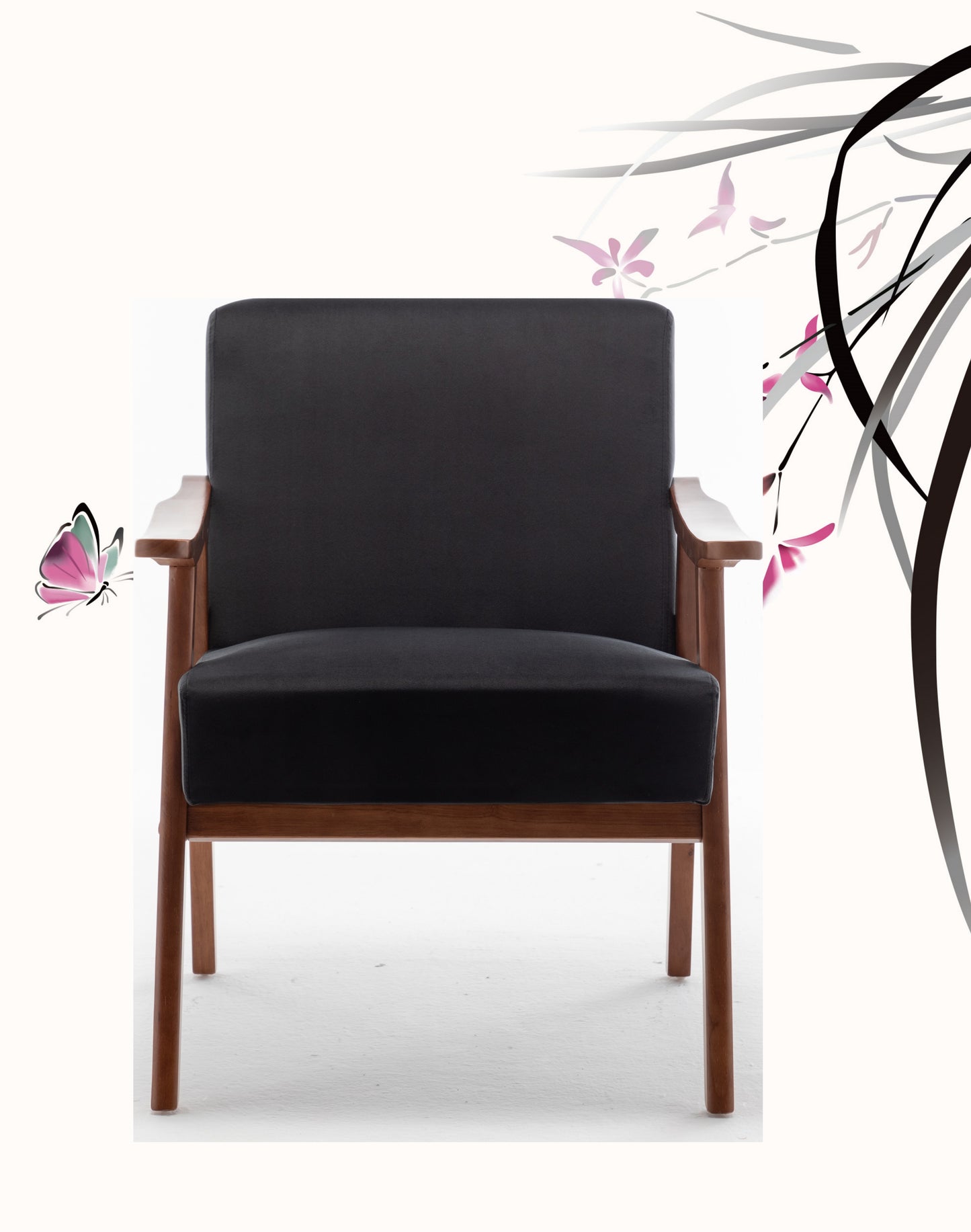 Black leather armchair with wooden frame
