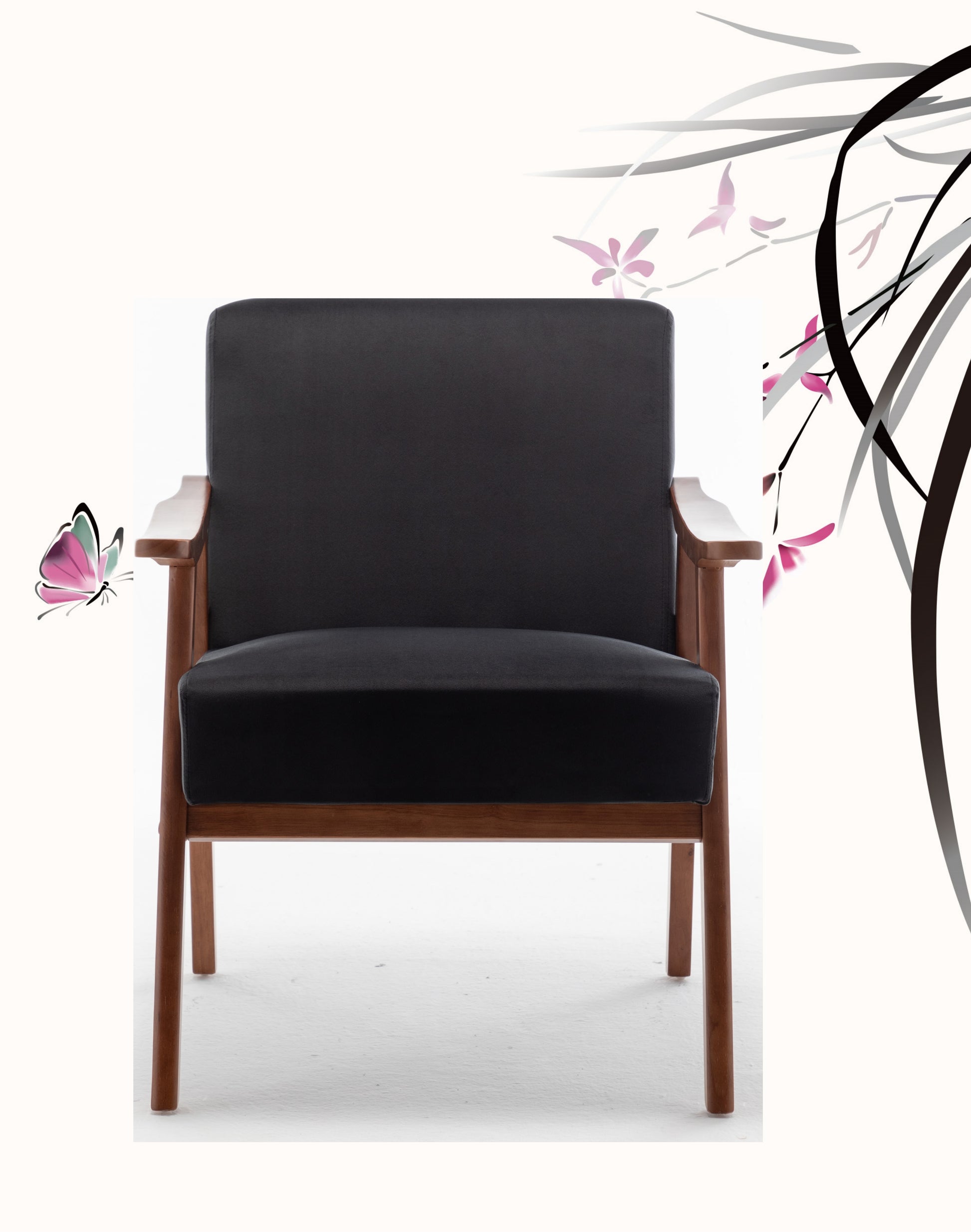 Black leather armchair with wooden frame