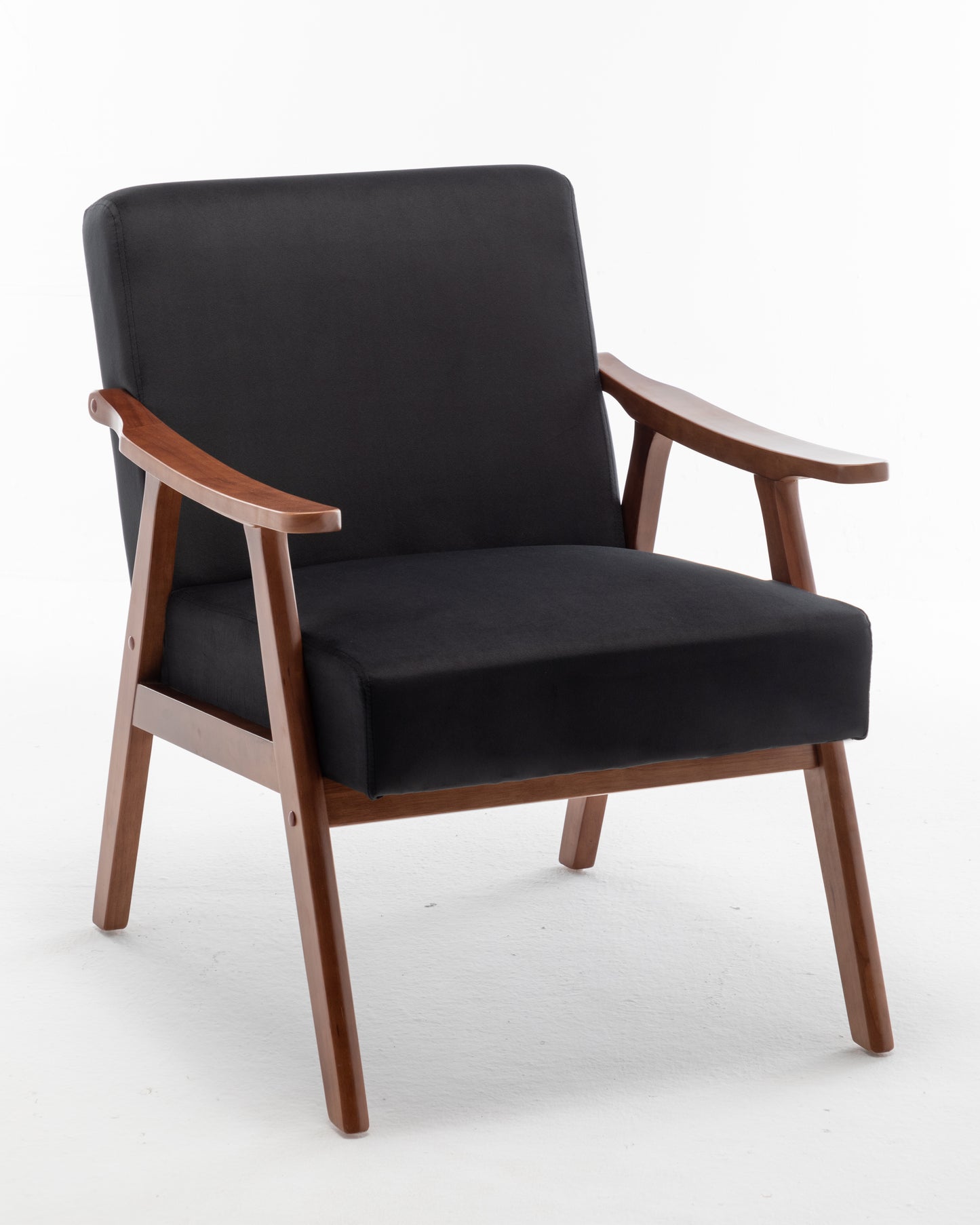 Black fabric accent chair with polished wooden frame and armrests