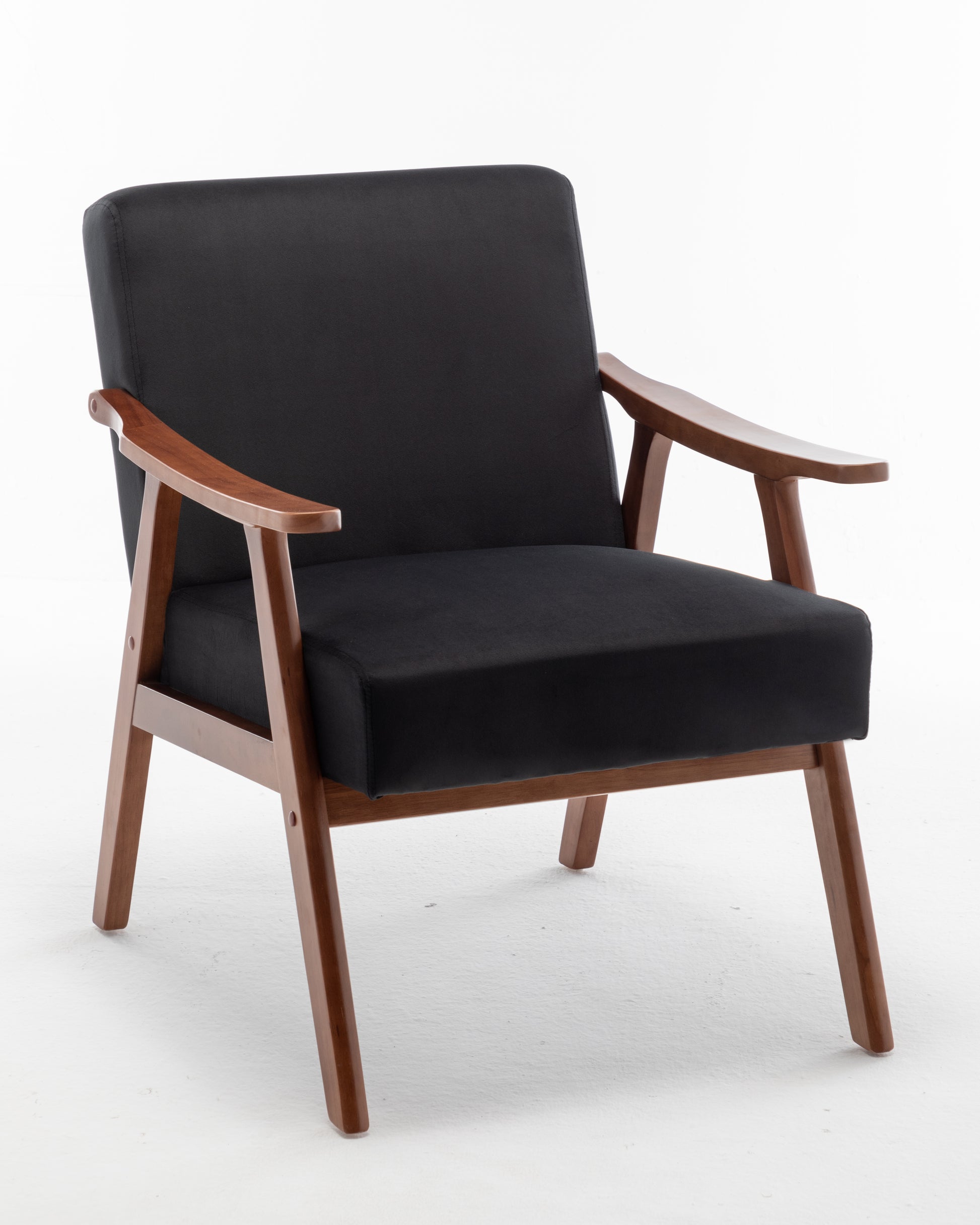Black fabric accent chair with polished wooden frame and armrests