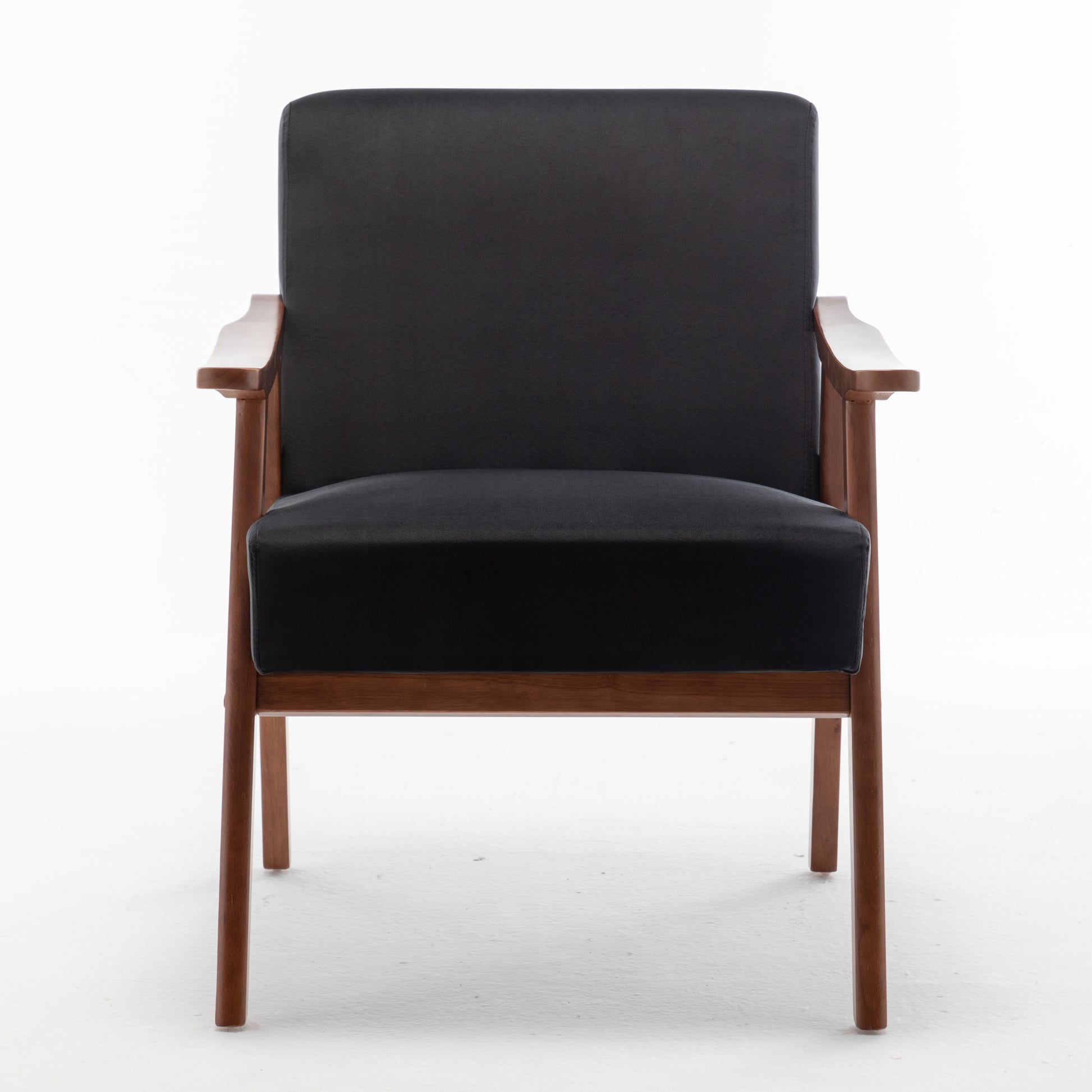 Black upholstered accent chair with wooden frame and arms