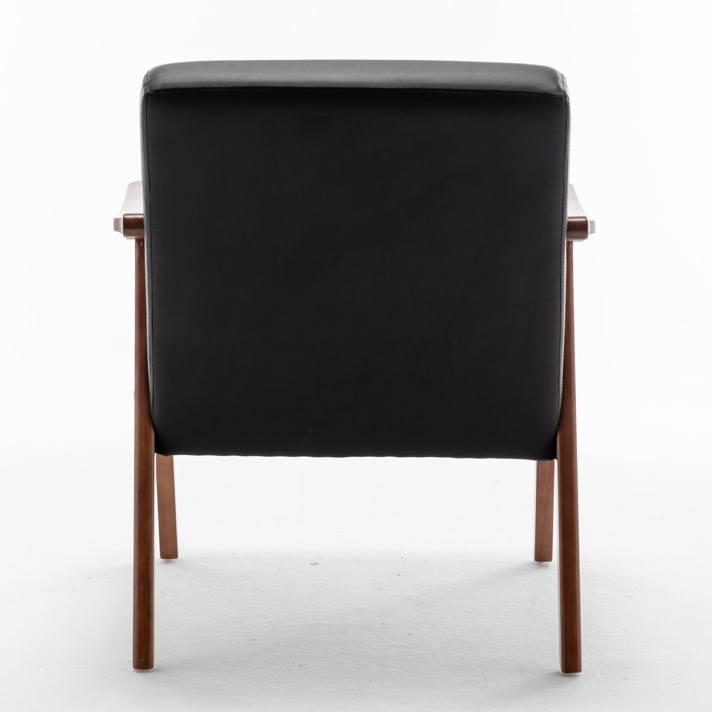 Black leather armchair with walnut wood frame