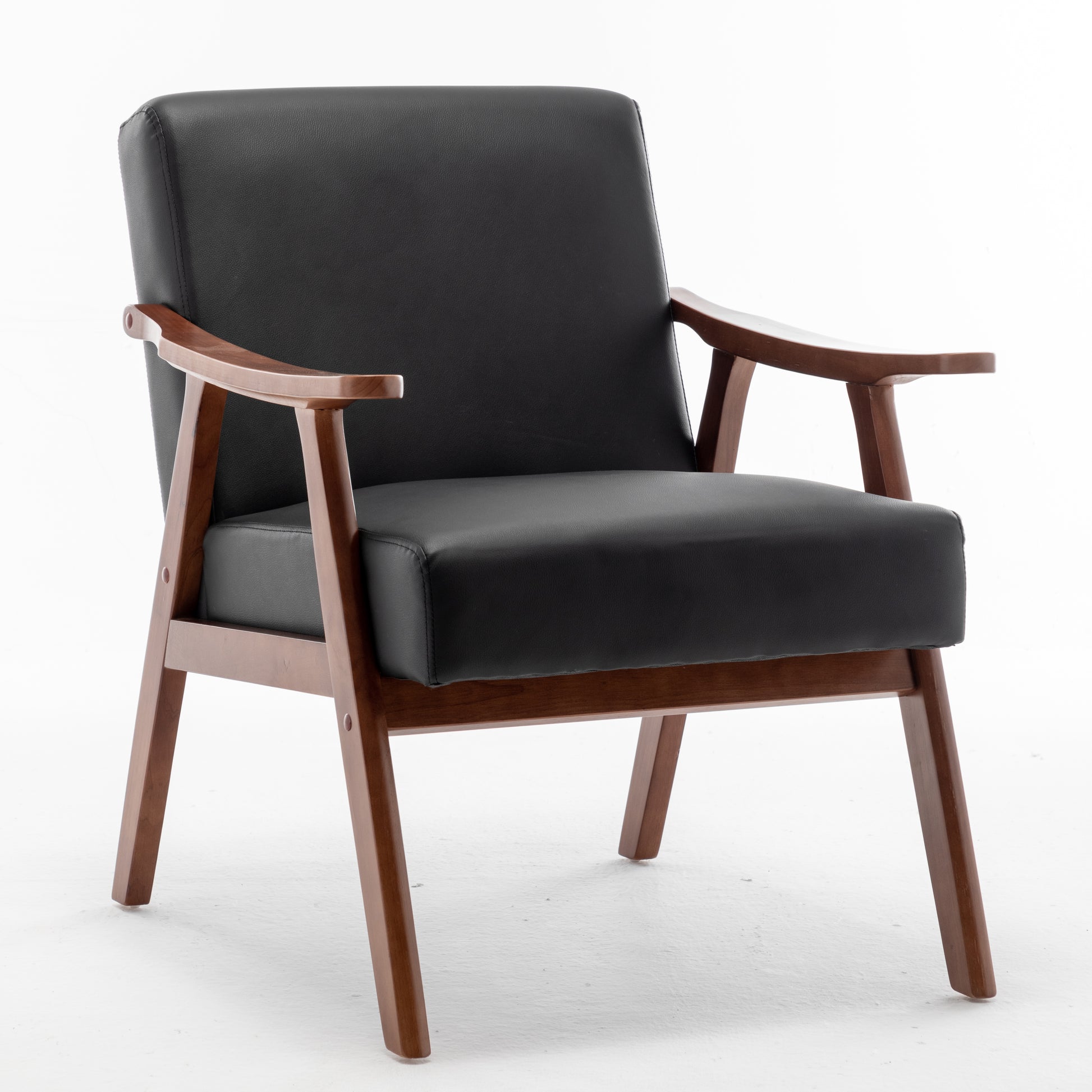 Black leather armchair with wooden frame and arms