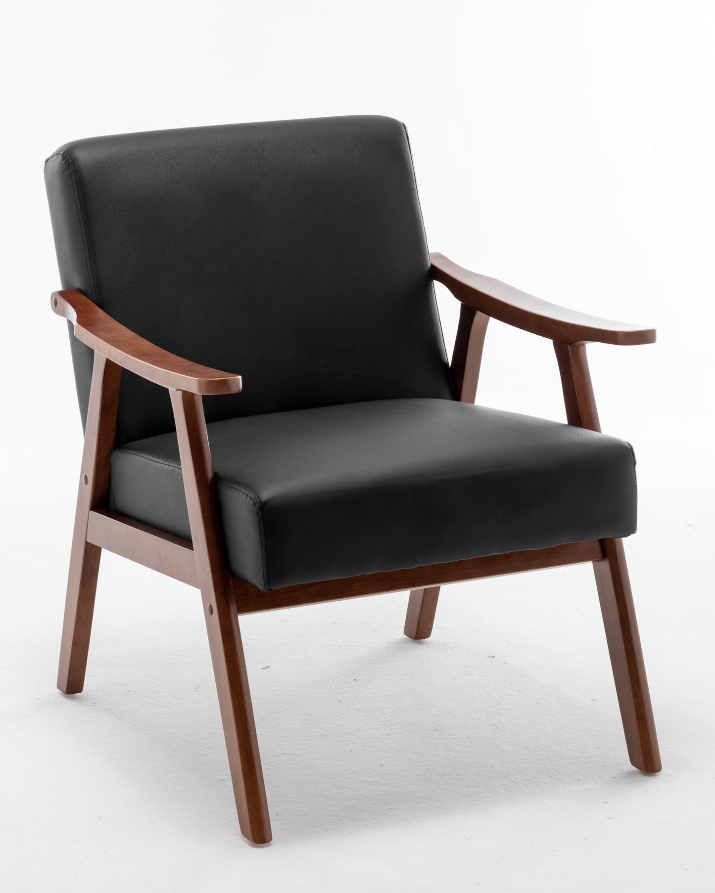 Black leather accent chair with midcentury modern wooden frame