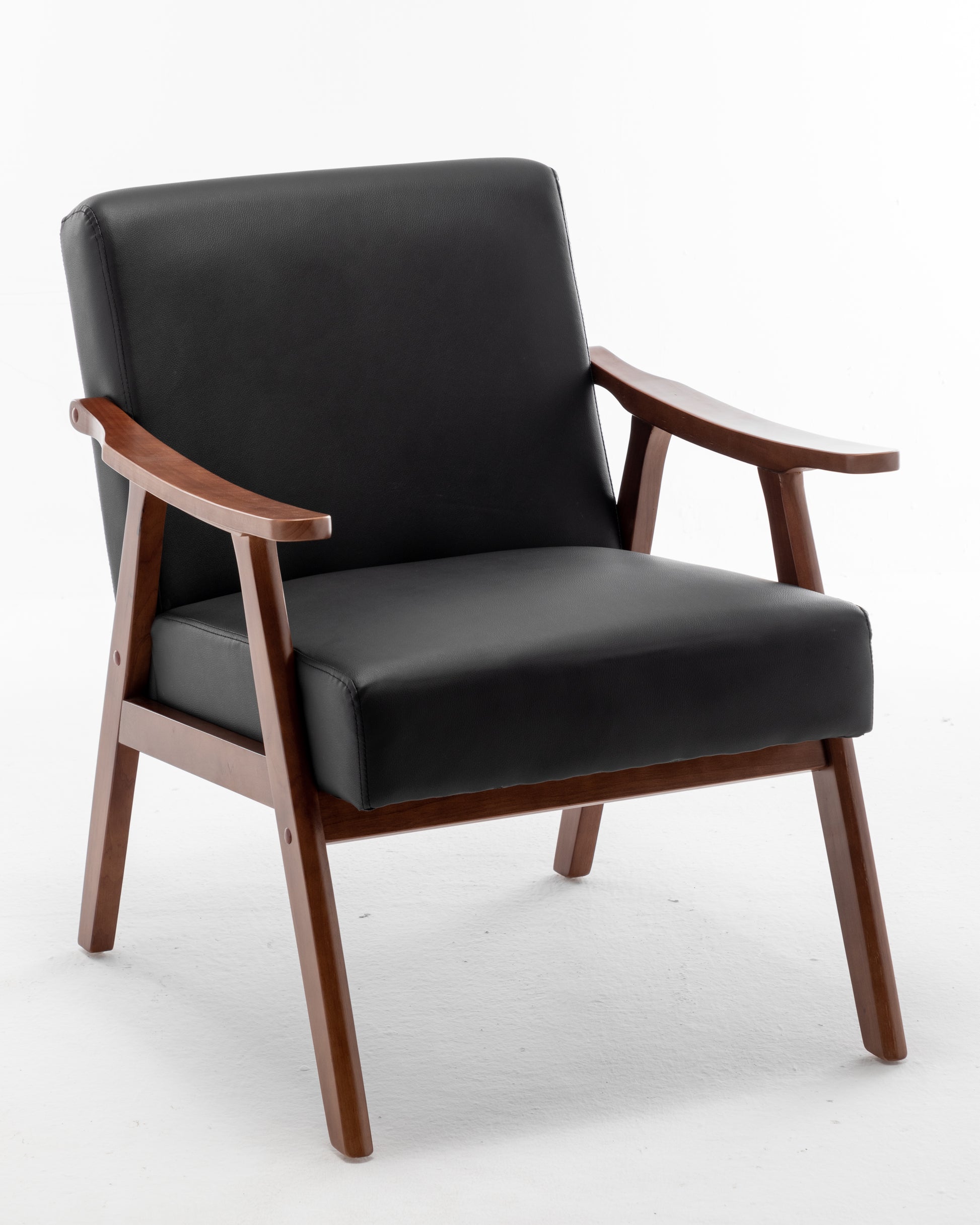 Black leather accent chair with midcentury modern wooden frame
