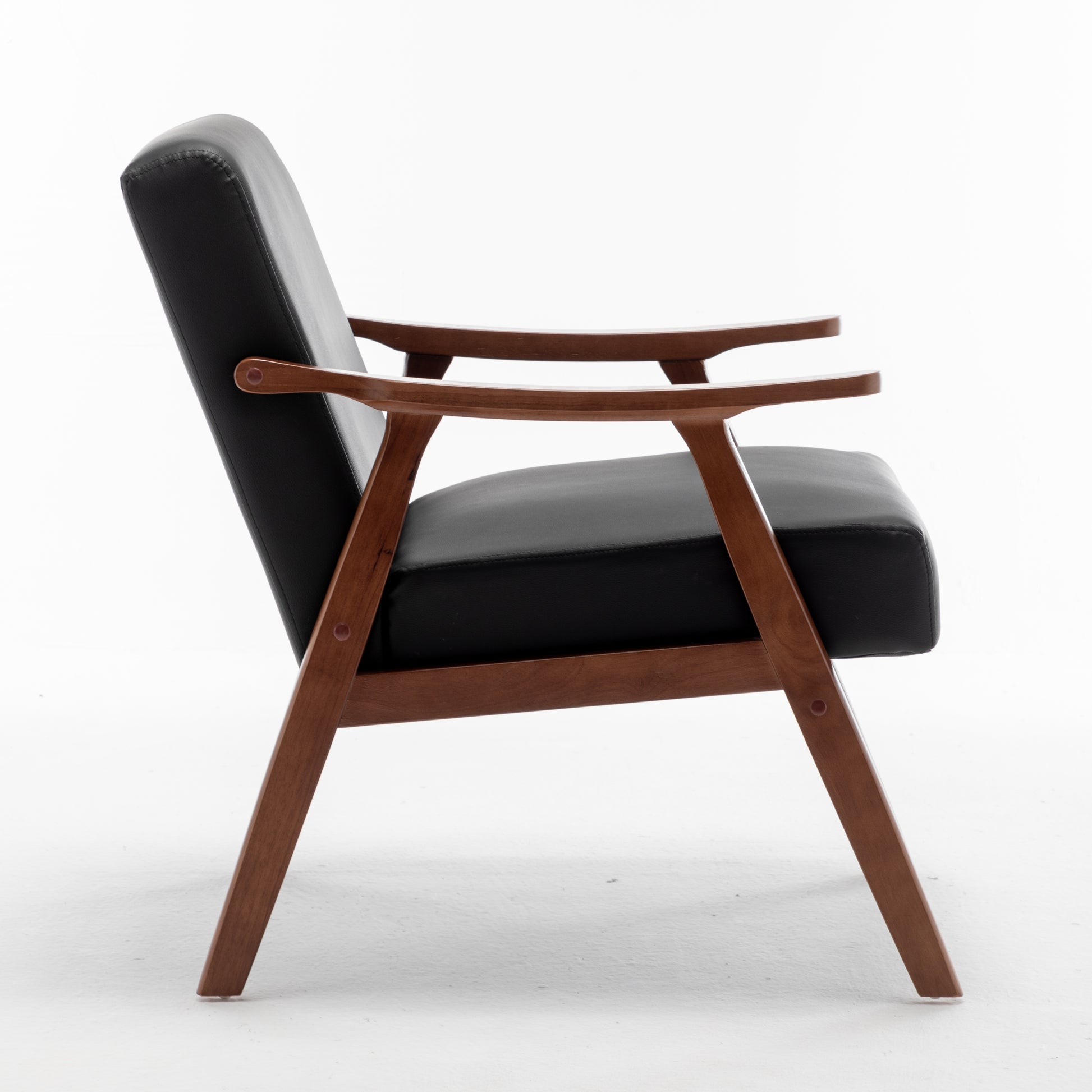 Black leather accent chair with wooden frame