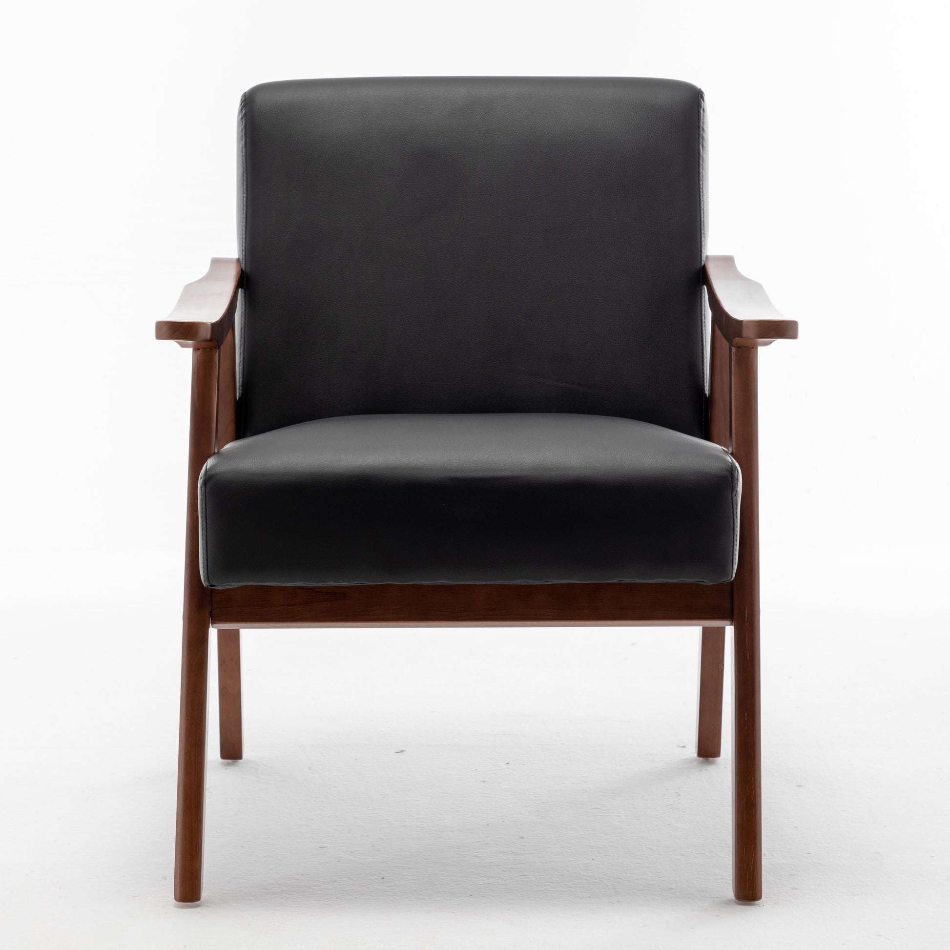 Black leather armchair with wooden frame