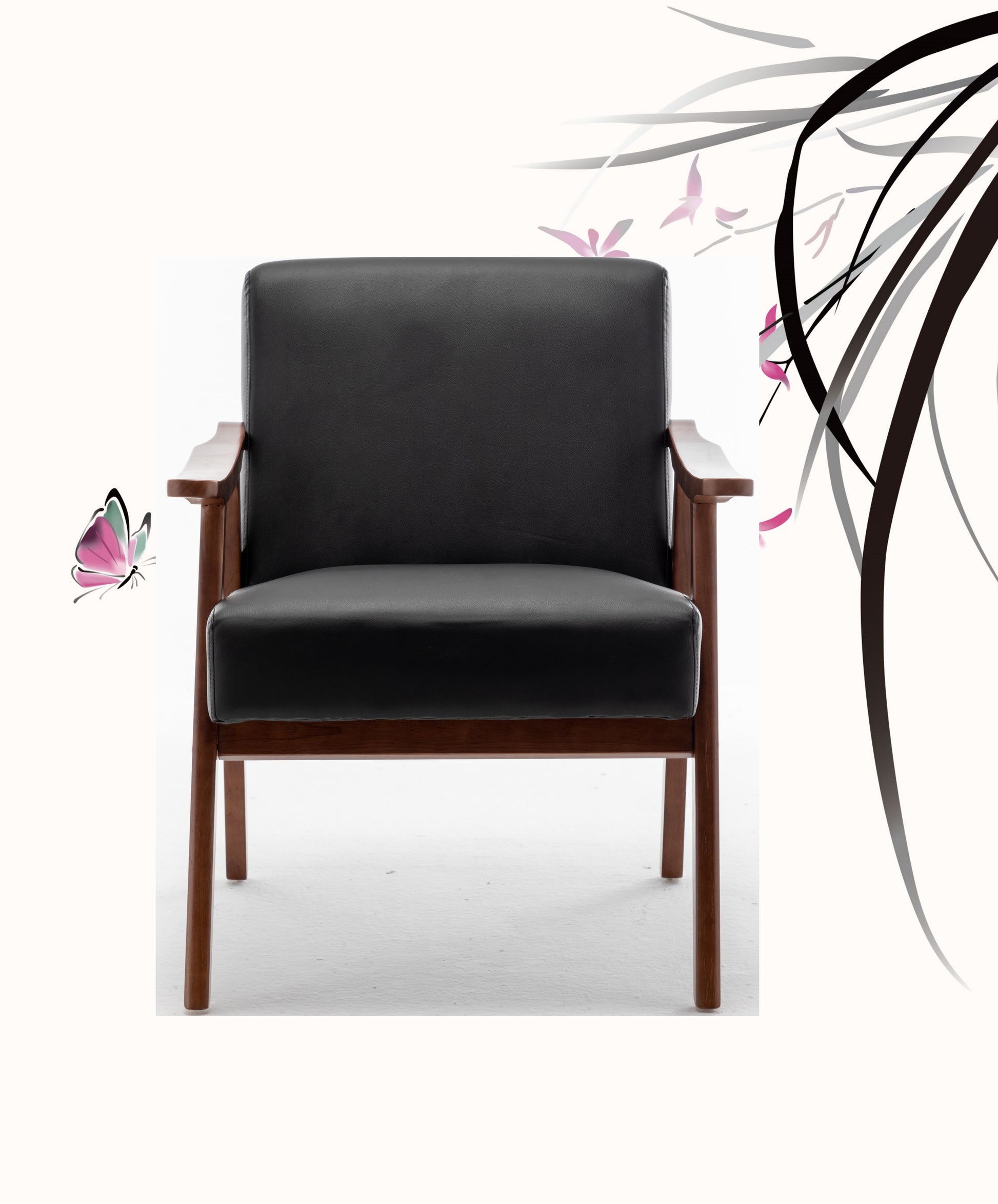 Black leather armchair with wooden frame