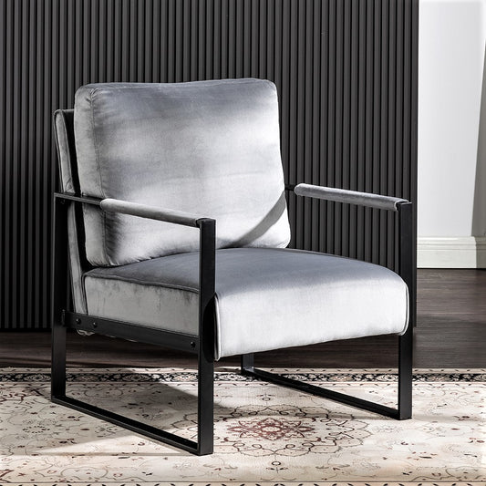 Grey velvet armchair with black metal frame