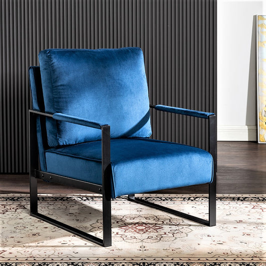 Deep blue velvet armchair with black metal frame