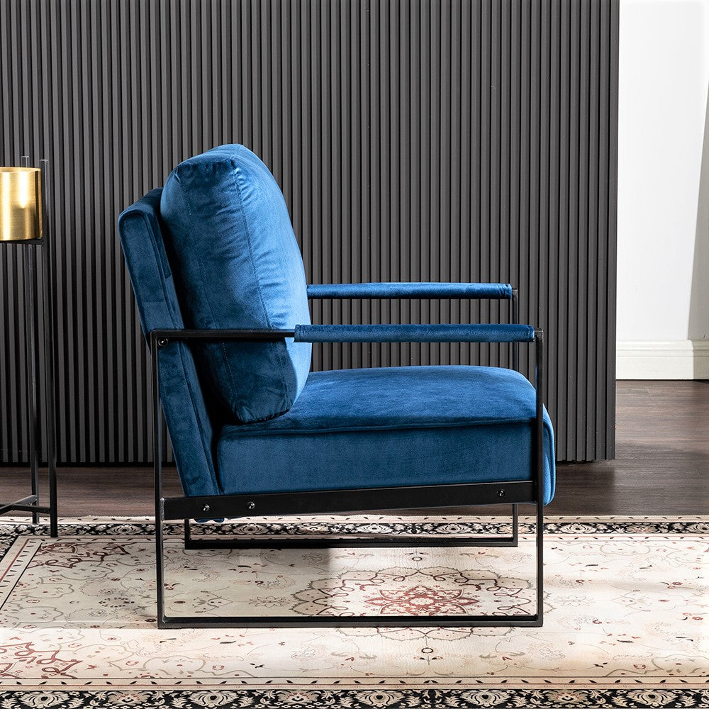 Blue velvet accent chair with black metal frame
