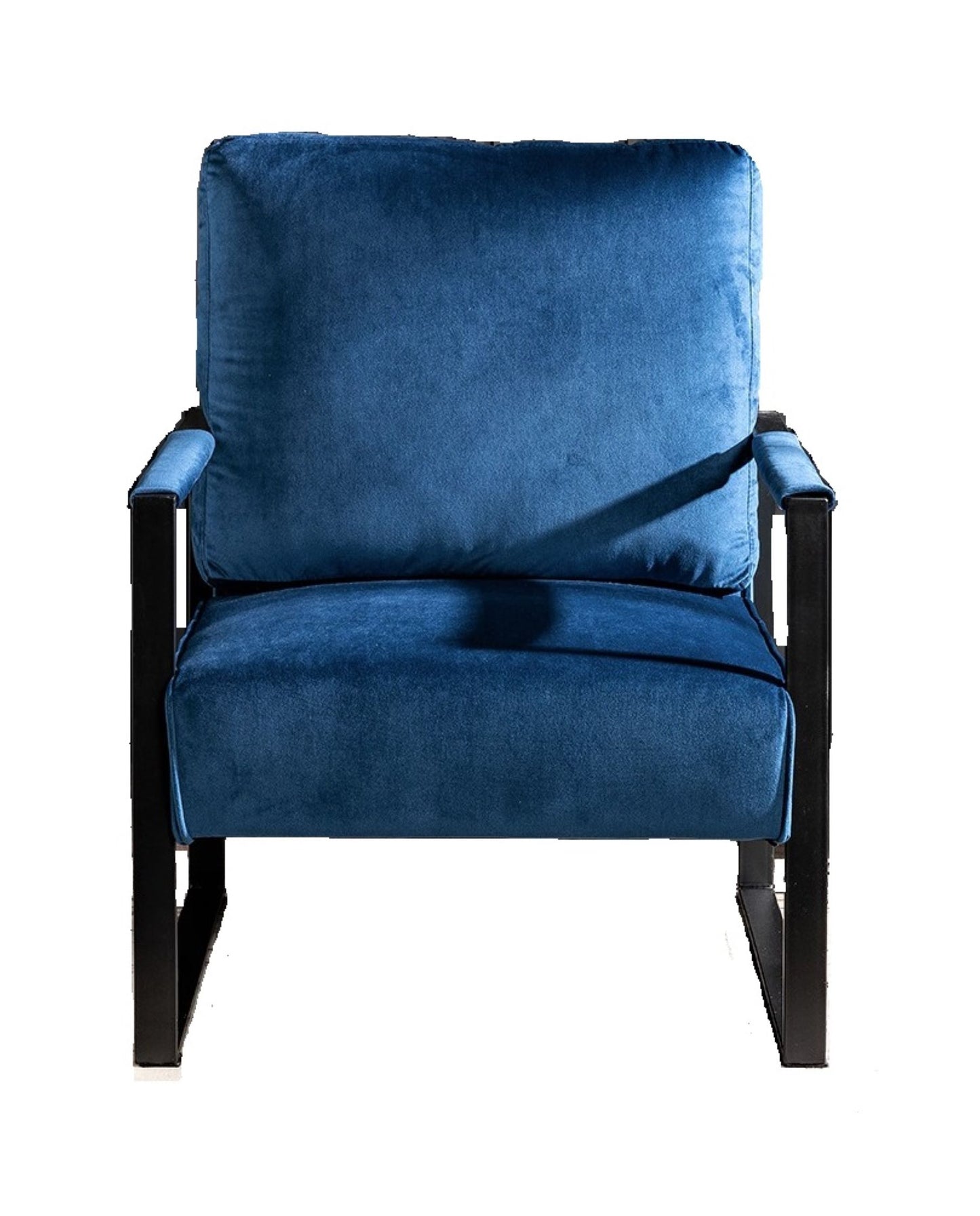 Deep blue velvet armchair with a modern black metal frame