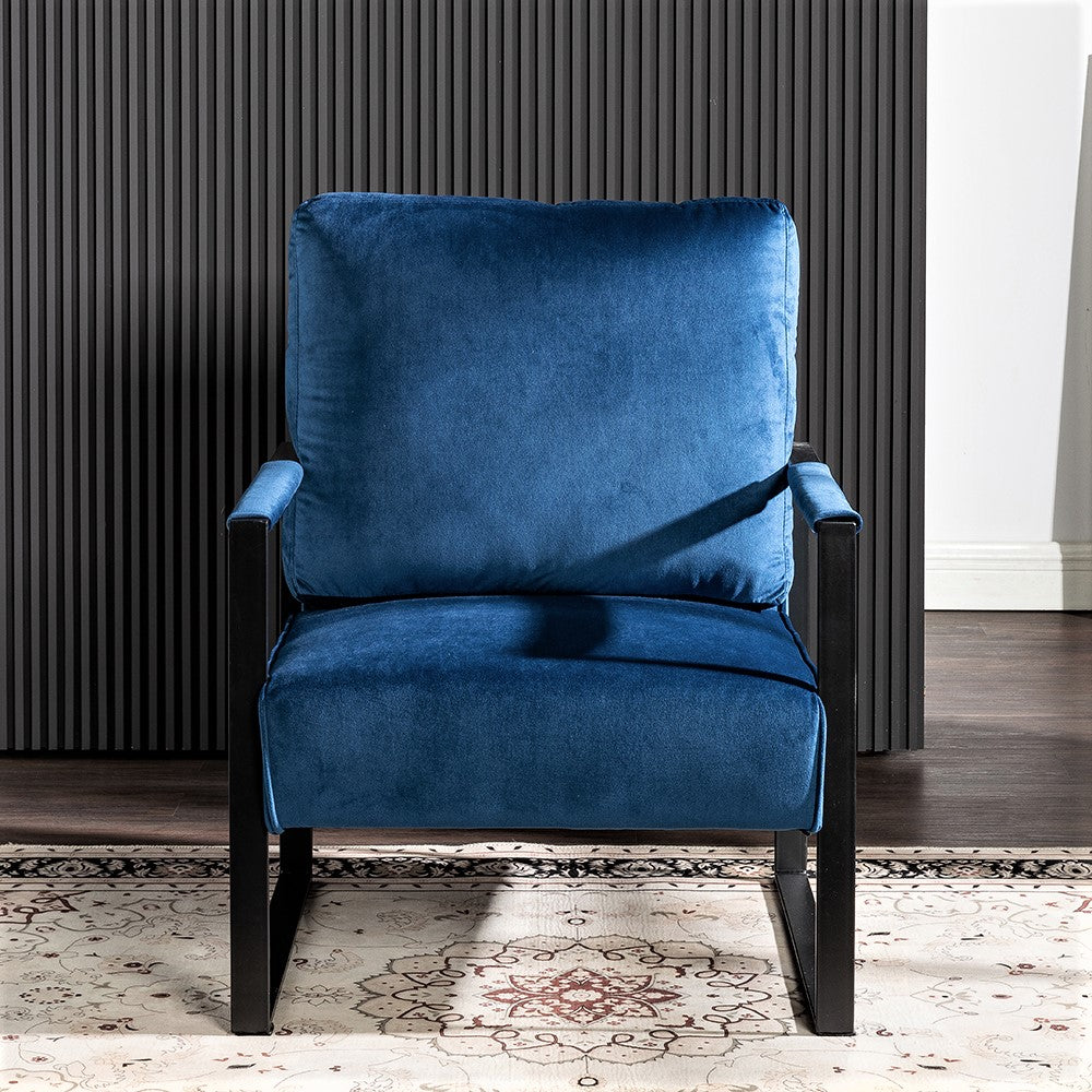 Luxurious royal blue velvet accent chair with modern black metal frame perfect for living room decor