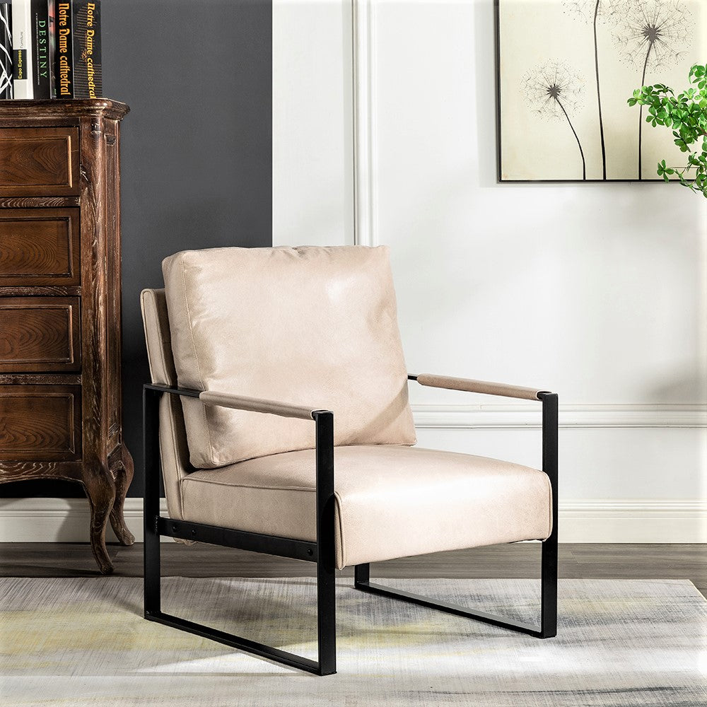Beige faux leather accent chair with black metal frame and square arms